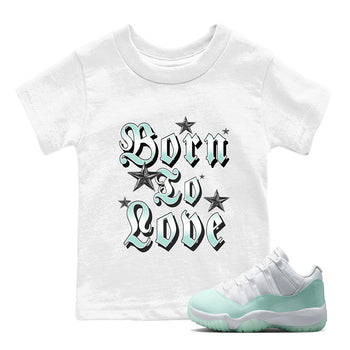 Born To Love baby and kids t-shirt crafted for little sneakerheads to shine with the Air Jordan 11 Igloo sneakers, displayed in White 1.