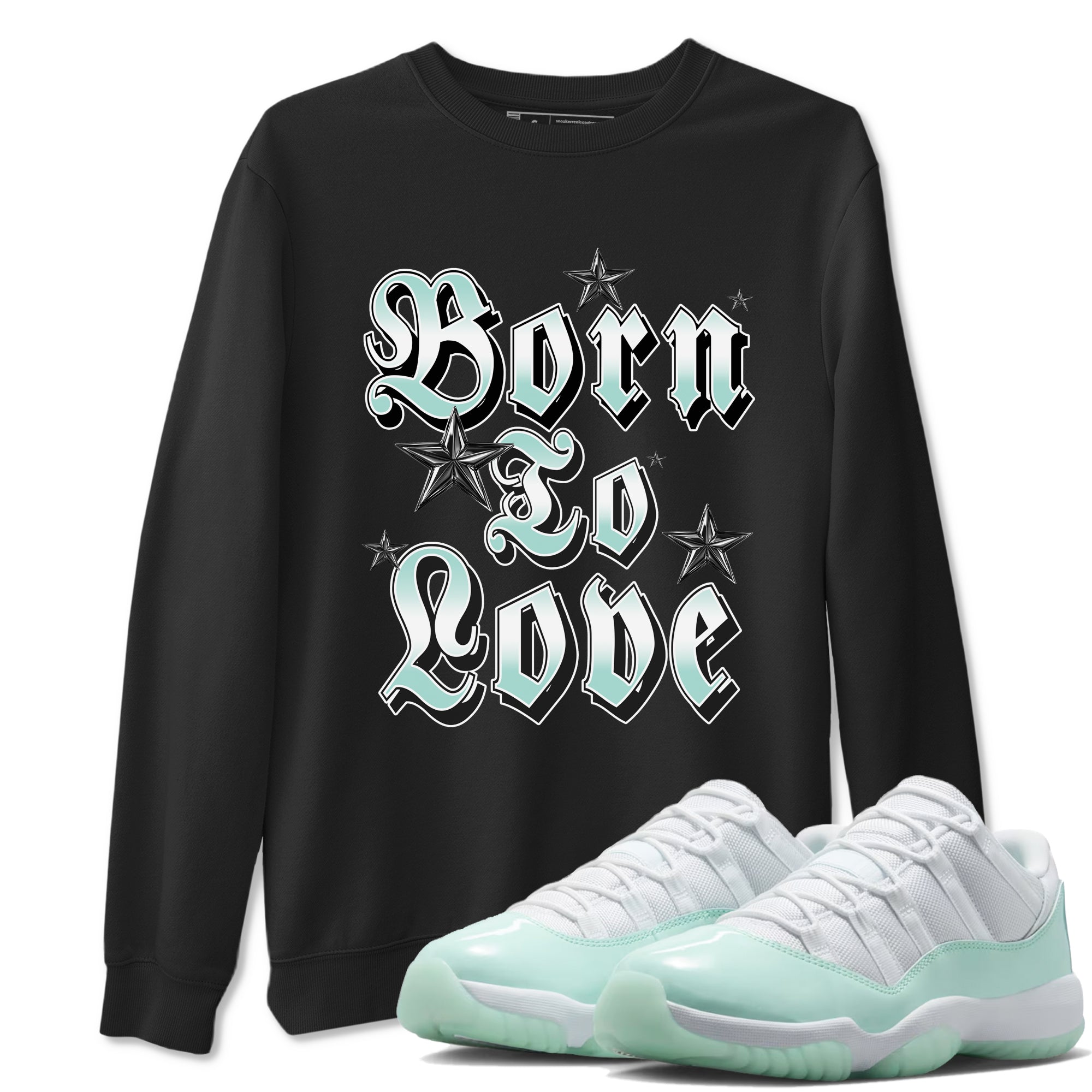 Born To Love sneaker match t-shirt styled to complete your fit with the Air Jordan 11 Igloo sneakers, shown in Black 1.