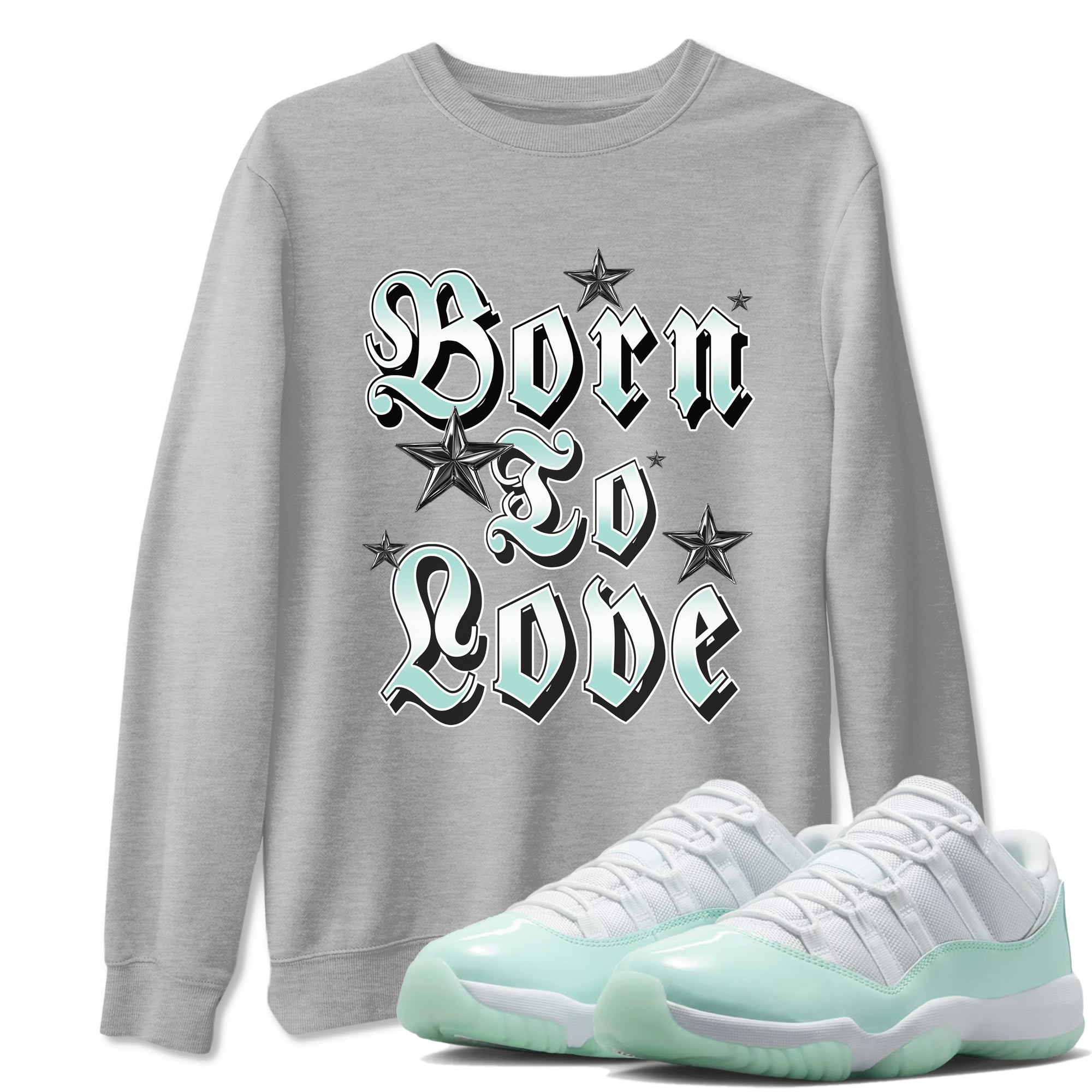 Born To Love sneaker match t-shirt styled to complete your fit with the Air Jordan 11 Igloo sneakers, shown in Heather Grey 1.