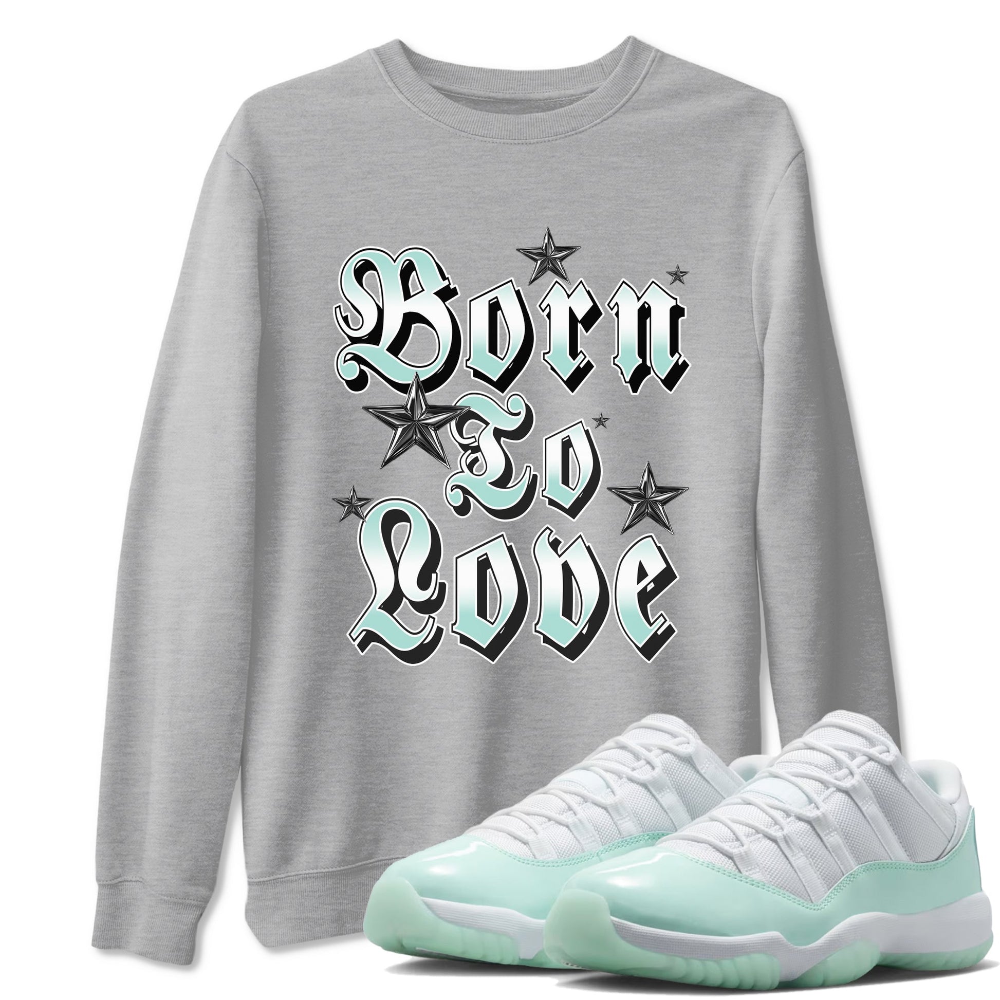 Born To Love sneaker match t-shirt styled to complete your fit with the Air Jordan 11 Igloo sneakers, shown in Heather Grey 1.