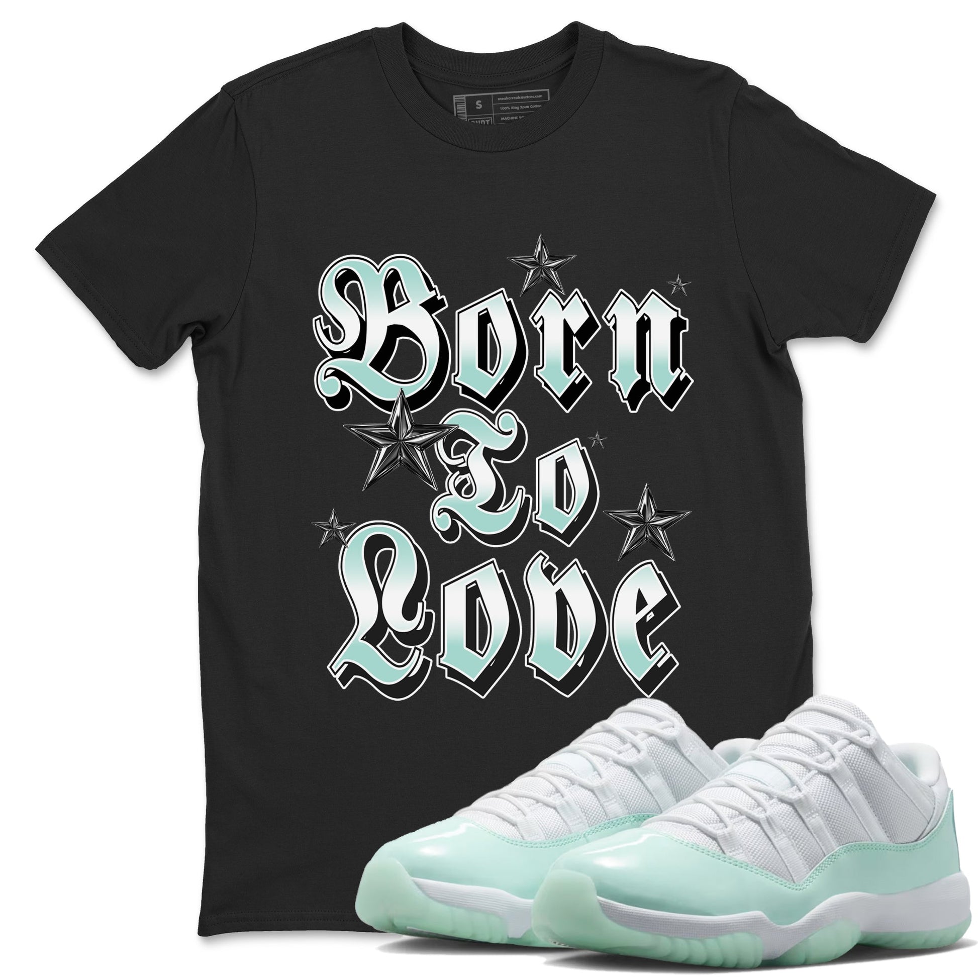 Born To Love sneaker match t-shirt styled to complete your fit with the Air Jordan 11 Igloo sneakers, shown in Black 1.