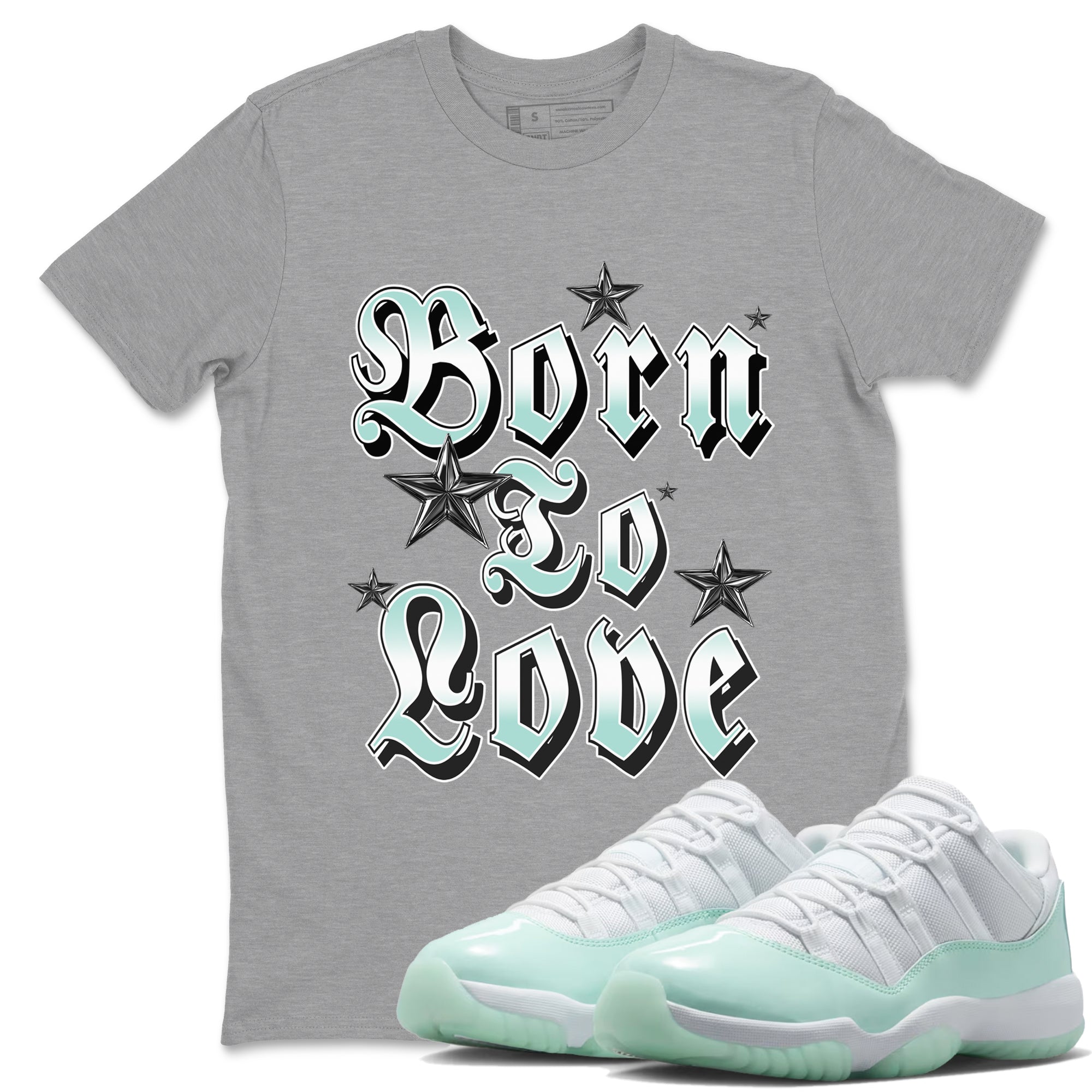 Born To Love sneaker match t-shirt styled to complete your fit with the Air Jordan 11 Igloo sneakers, shown in Heather Grey 1.