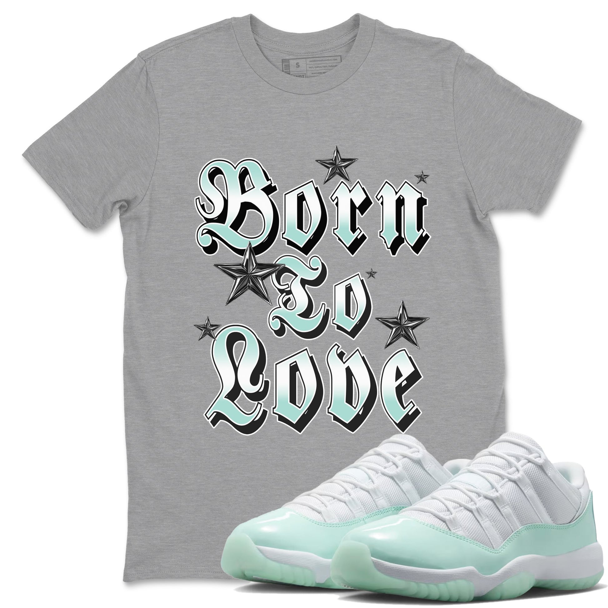 Born To Love sneaker match t-shirt styled to complete your fit with the Air Jordan 11 Igloo sneakers, shown in Heather Grey 1.