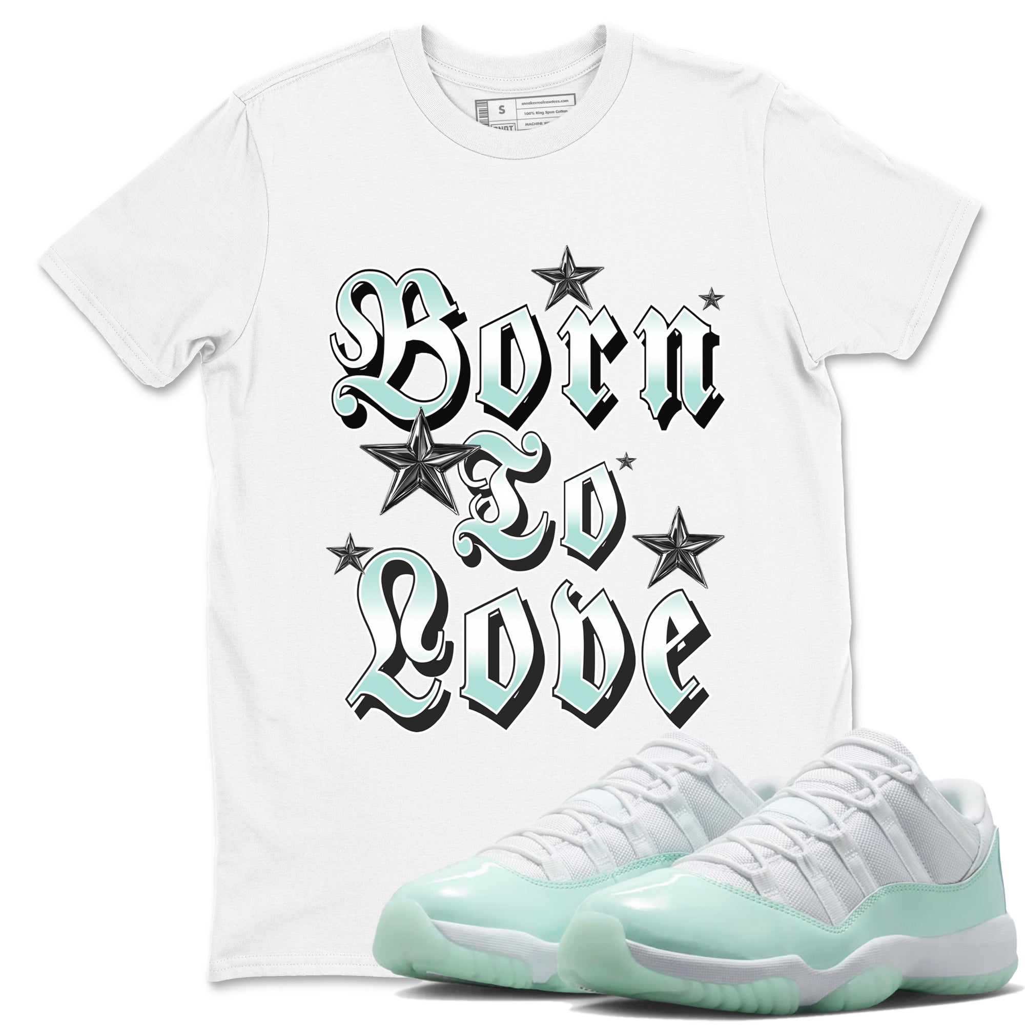 Born To Love sneaker match t-shirt styled to complete your fit with the Air Jordan 11 Igloo sneakers, shown in White 1.