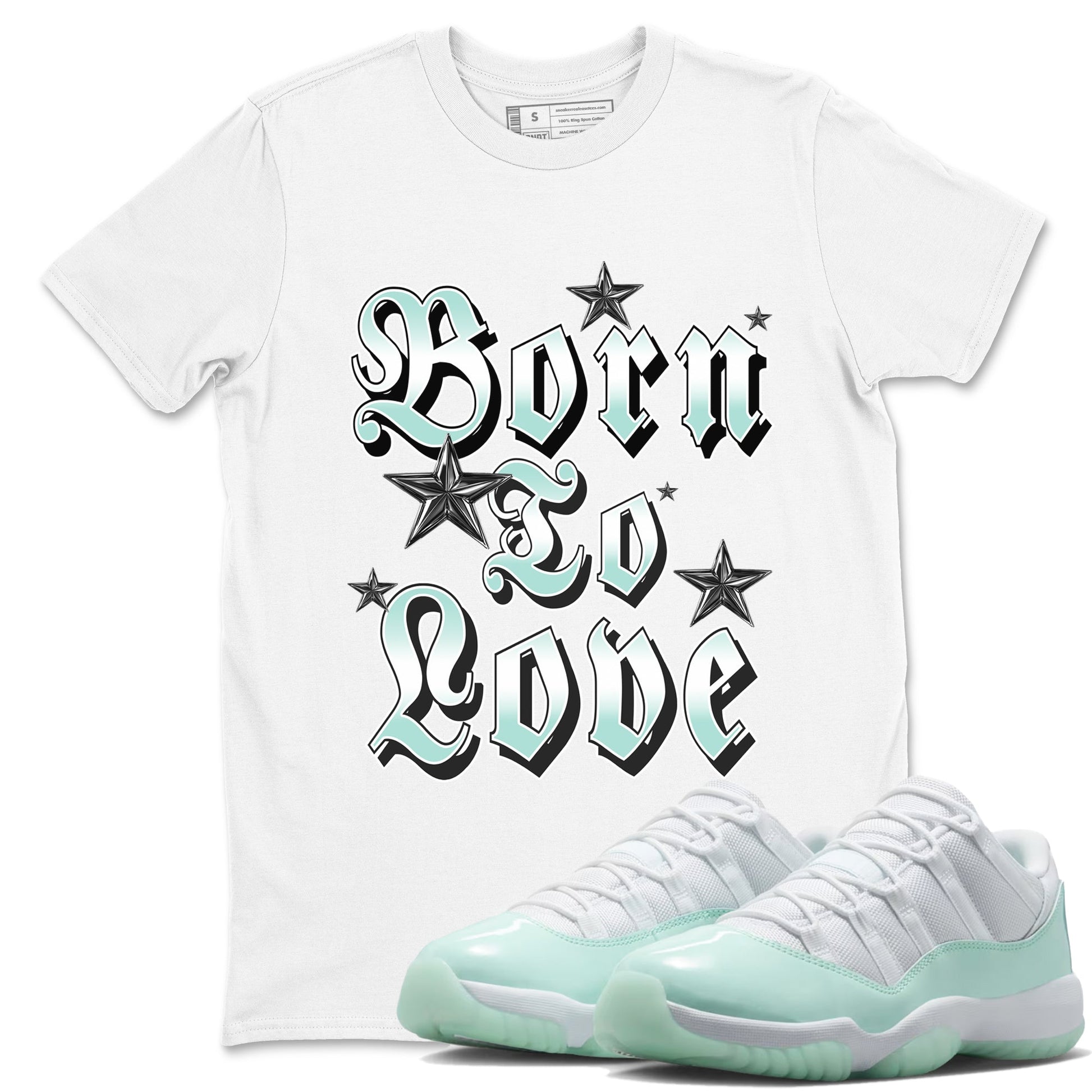Born To Love sneaker match t-shirt styled to complete your fit with the Air Jordan 11 Igloo sneakers, shown in White 1.