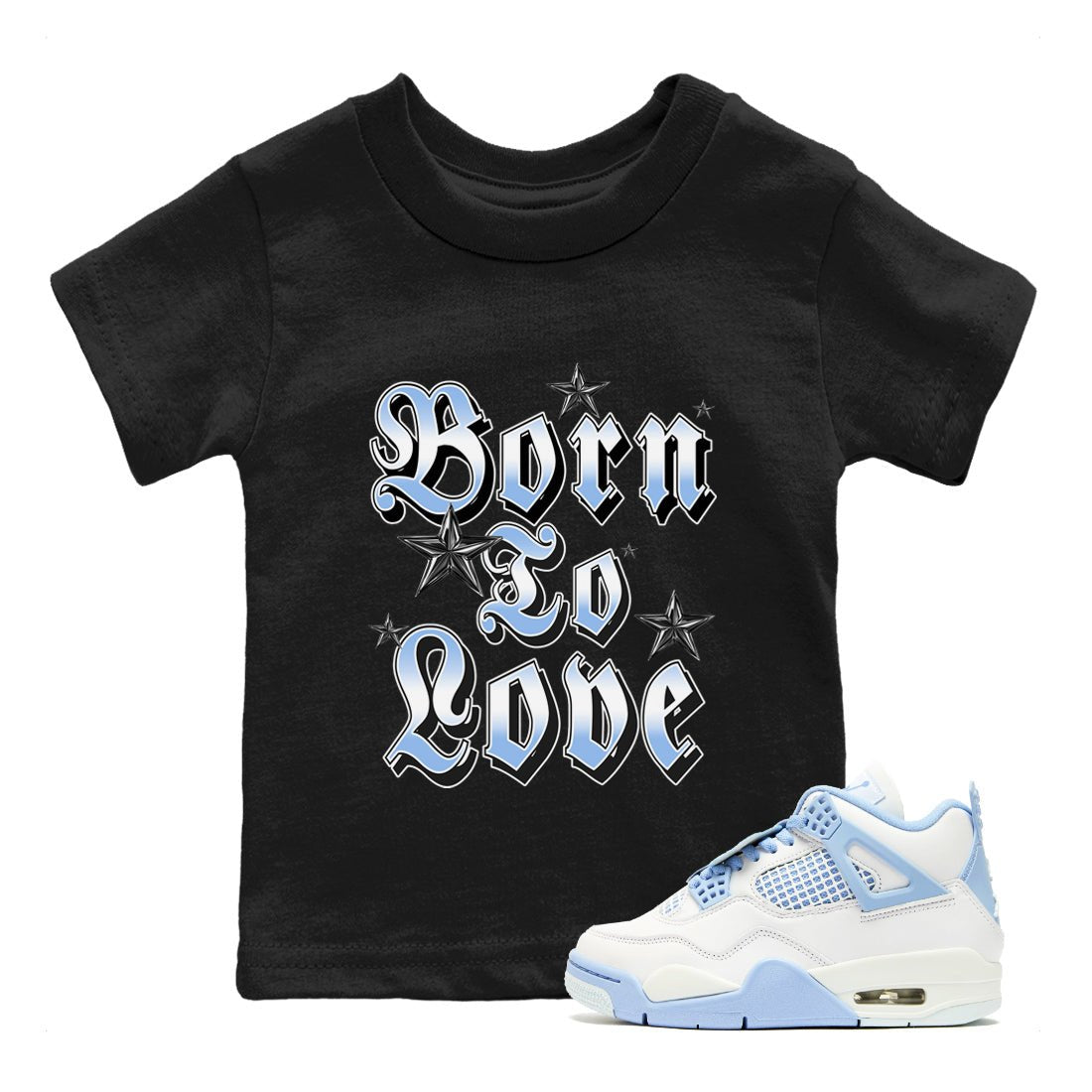 Born To Love baby and kids t-shirt crafted for little sneakerheads to shine with the Air Jordan 4 Aluminum sneakers, displayed in Black 1.