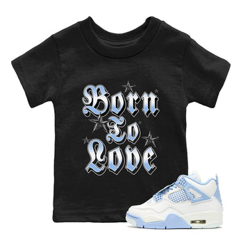 Born To Love baby and kids t-shirt crafted for little sneakerheads to shine with the Air Jordan 4 Aluminum sneakers, displayed in Black 1.