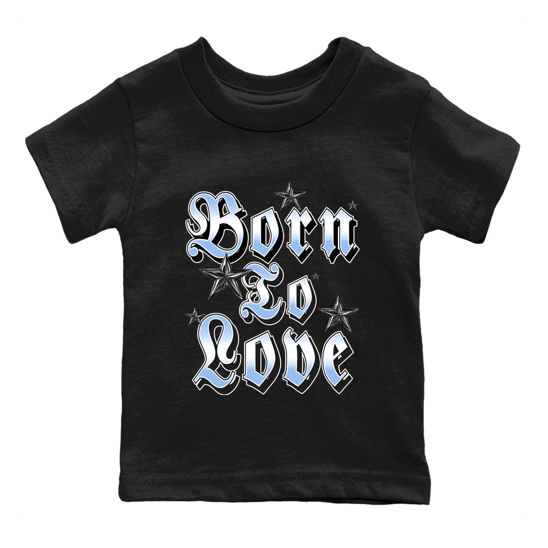 Born To Love baby and kids t-shirt crafted for little sneakerheads to shine with the Air Jordan 4 Aluminum sneakers, displayed in Black 2.