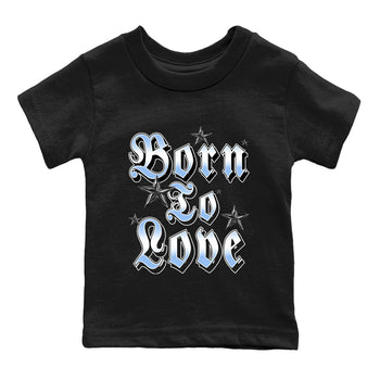 Born To Love baby and kids t-shirt crafted for little sneakerheads to shine with the Air Jordan 4 Aluminum sneakers, displayed in Black 2.