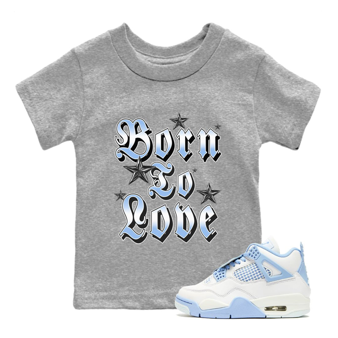 Born To Love baby and kids t-shirt crafted for little sneakerheads to shine with the Air Jordan 4 Aluminum sneakers, displayed in Heather Grey 1.