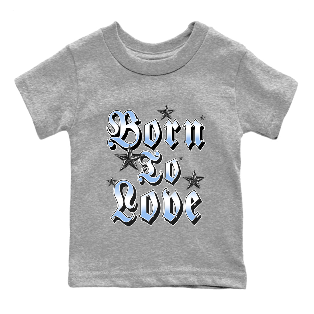 Born To Love baby and kids t-shirt crafted for little sneakerheads to shine with the Air Jordan 4 Aluminum sneakers, displayed in Heather Grey 2.