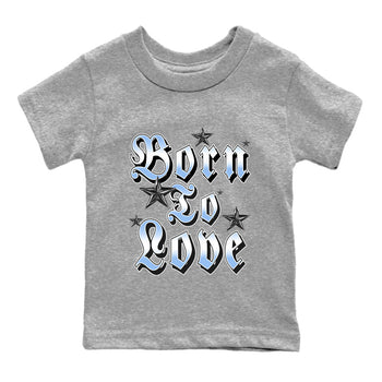 Born To Love baby and kids t-shirt crafted for little sneakerheads to shine with the Air Jordan 4 Aluminum sneakers, displayed in Heather Grey 2.