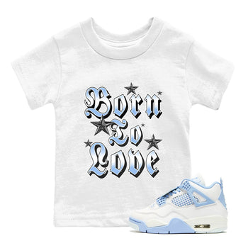Born To Love baby and kids t-shirt crafted for little sneakerheads to shine with the Air Jordan 4 Aluminum sneakers, displayed in White 1.
