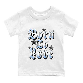Born To Love baby and kids t-shirt crafted for little sneakerheads to shine with the Air Jordan 4 Aluminum sneakers, displayed in White 2.