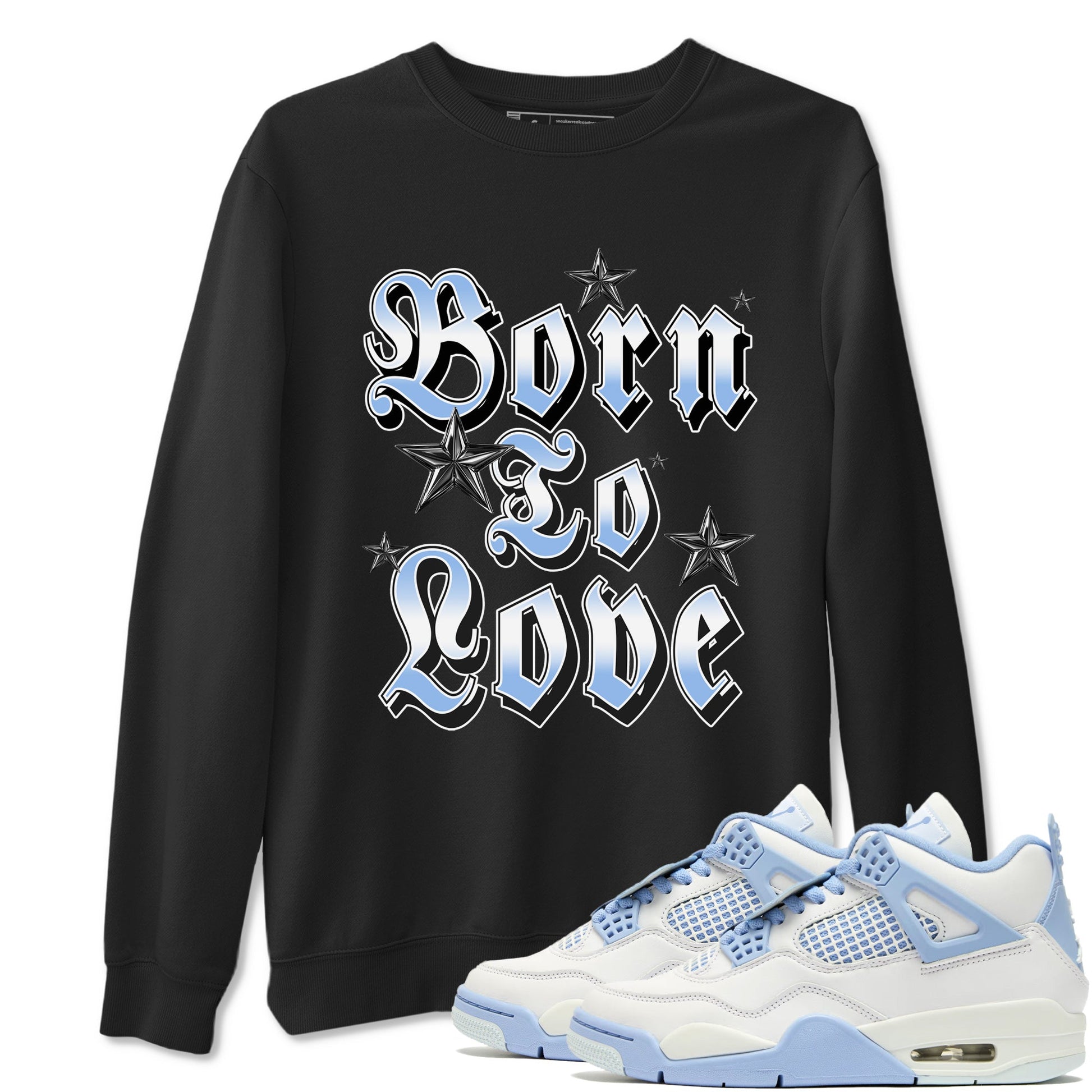 Born To Love sneaker match t-shirt styled to complete your fit with the Air Jordan 4 Aluminum sneakers, shown in Black 1.