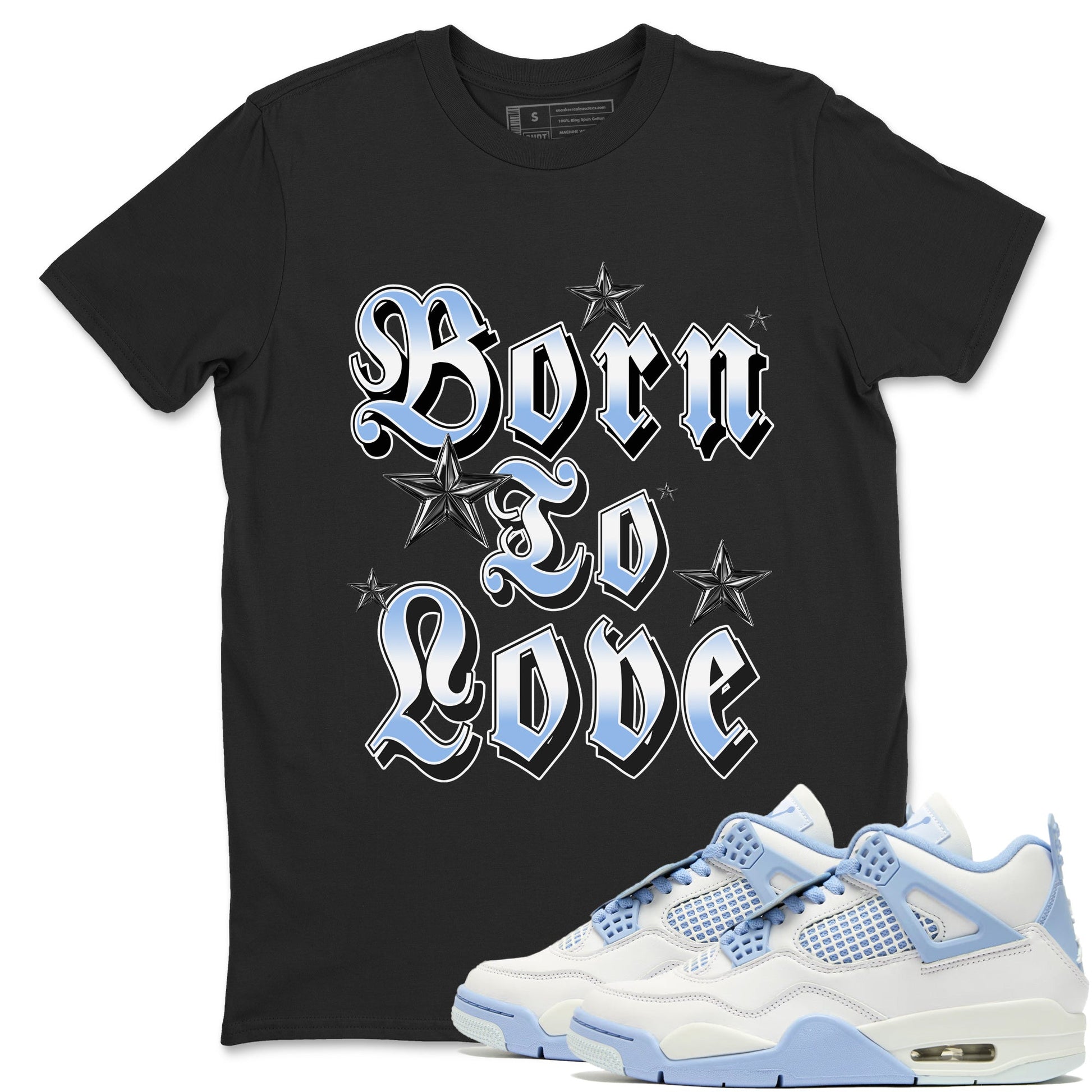 Born To Love sneaker match t-shirt styled to complete your fit with the Air Jordan 4 Aluminum sneakers, shown in Black 1.