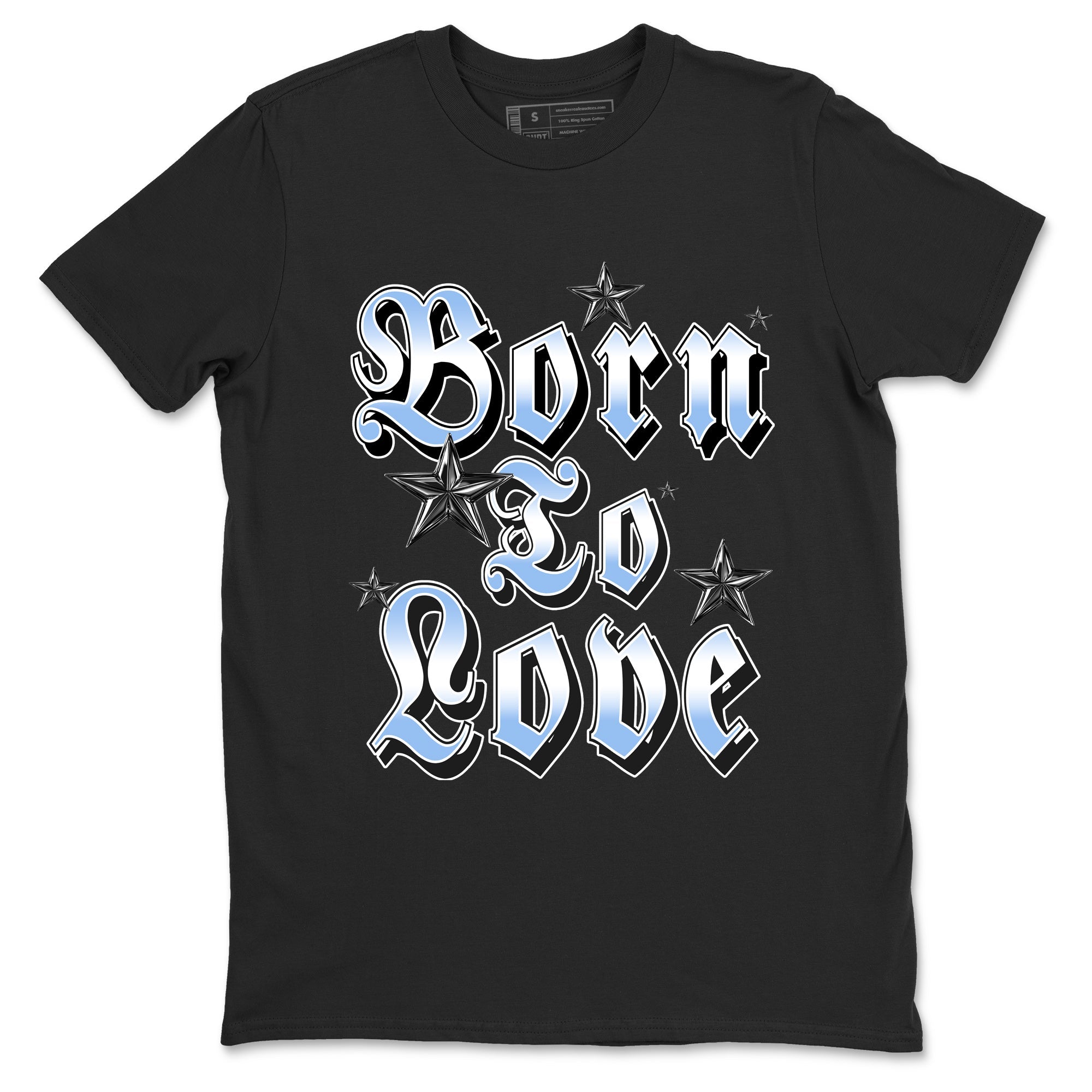 Born To Love sneaker match t-shirt styled to complete your fit with the Air Jordan 4 Aluminum sneakers, shown in Black 2.
