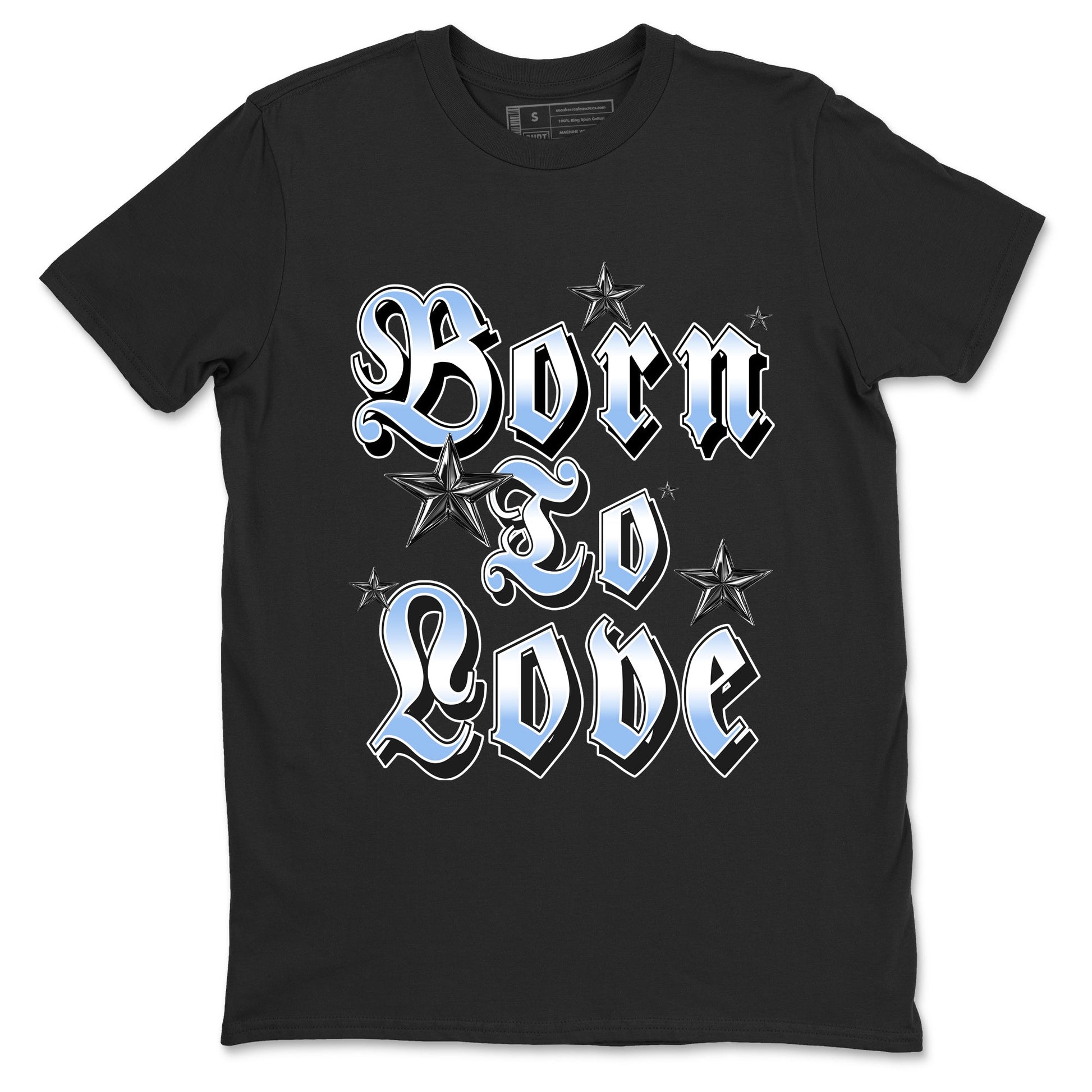 Born To Love sneaker match t-shirt styled to complete your fit with the Air Jordan 4 Aluminum sneakers, shown in Black 2.