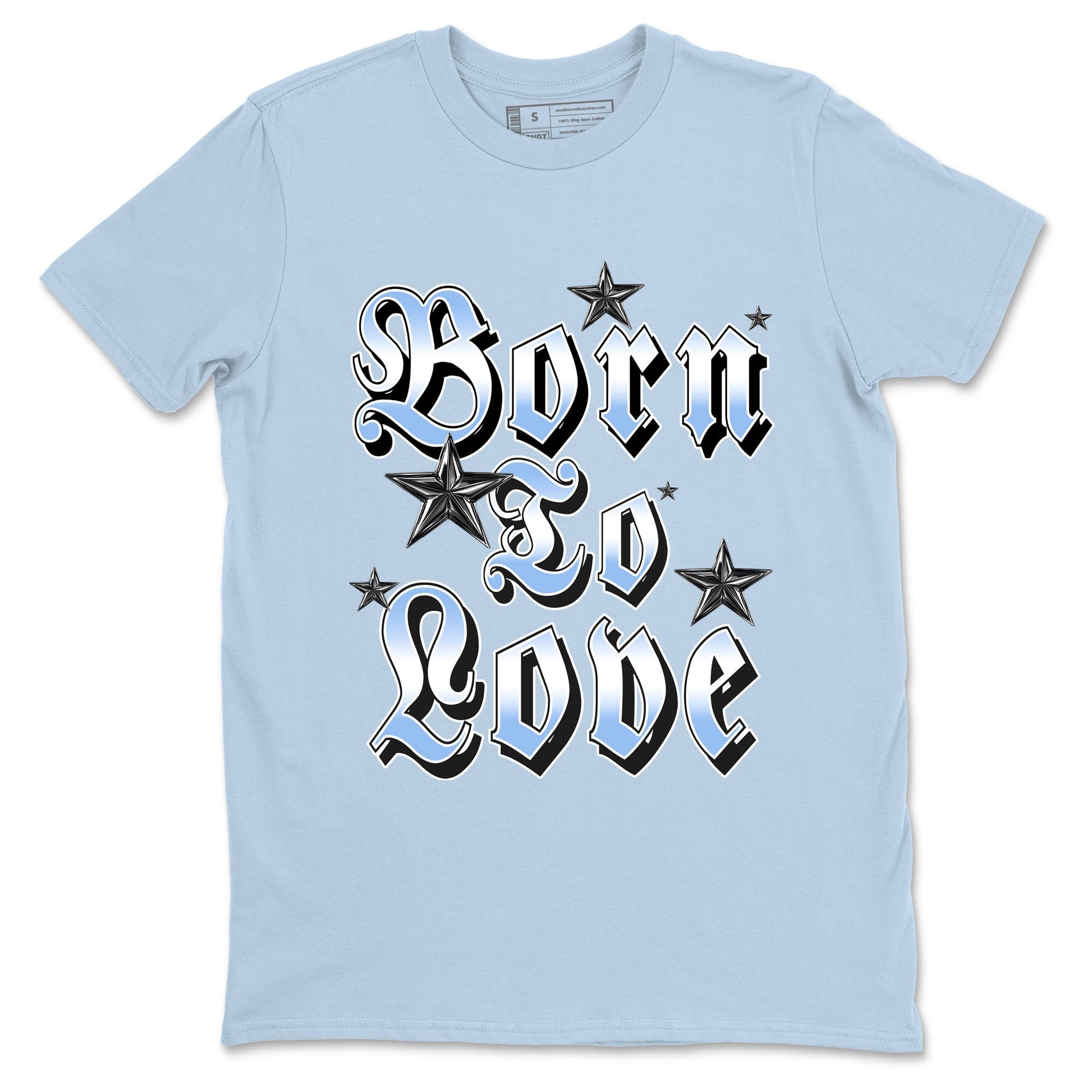 Born To Love sneaker match t-shirt styled to complete your fit with the Air Jordan 4 Aluminum sneakers, shown in Light Blue 2.