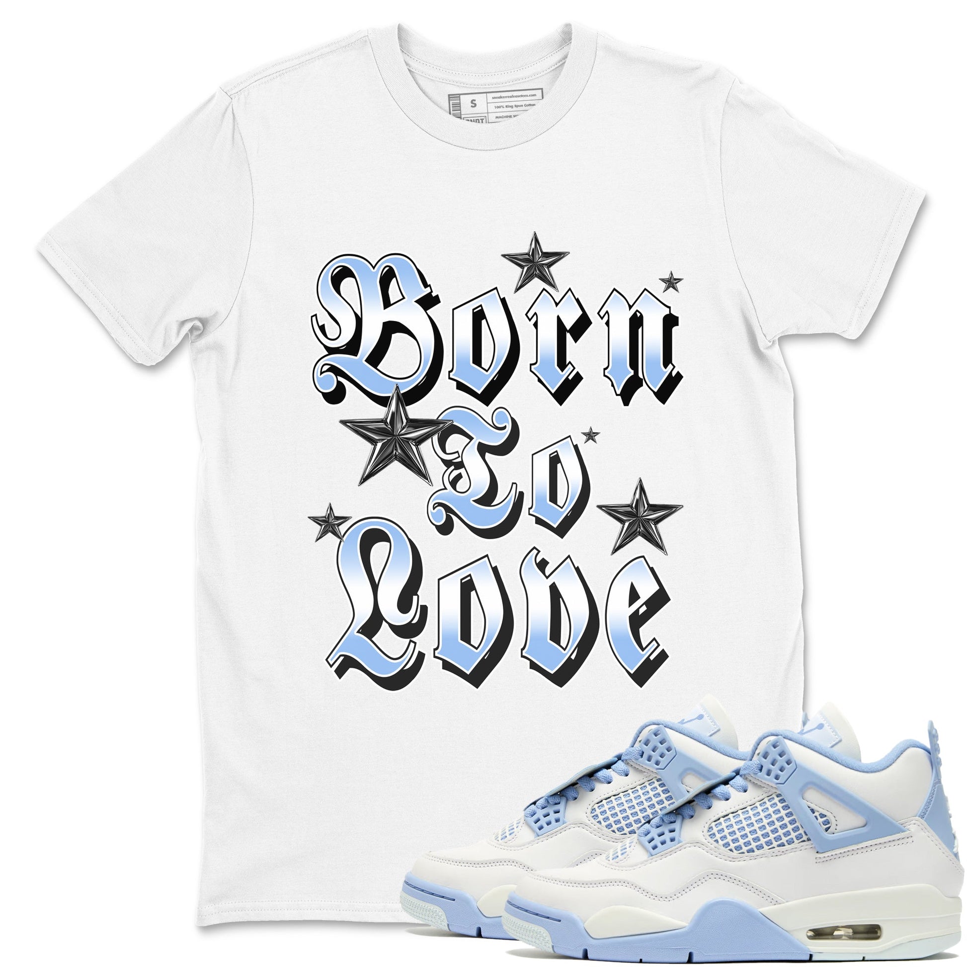 Born To Love sneaker match t-shirt styled to complete your fit with the Air Jordan 4 Aluminum sneakers, shown in White 1.