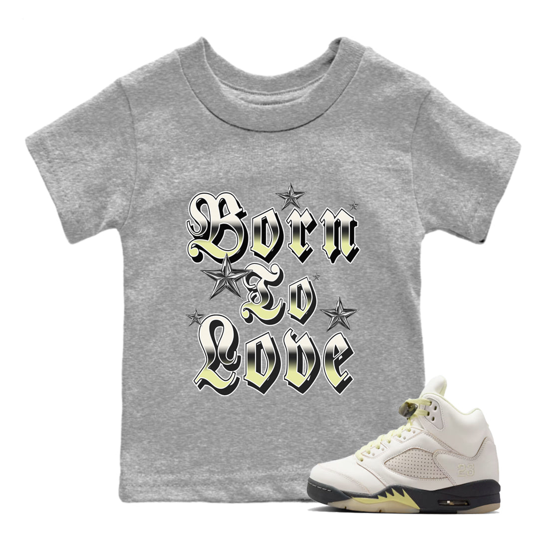 Sneaker match tees – Sneaker Tees To Match Air Jordan 5 Luminous Green Shoes – Born To Love Kids T-Shirt Heather Grey 1