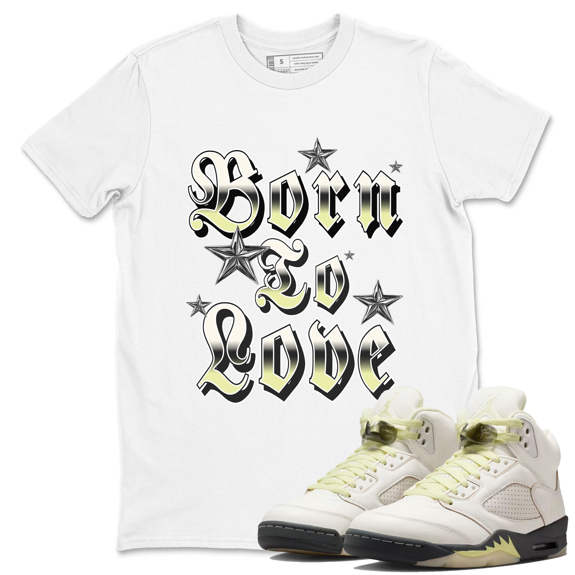 Sneaker match tees – Sneaker Tees To Match Air Jordan 5 Luminous Green Shoes – Born To Love Tee White 1