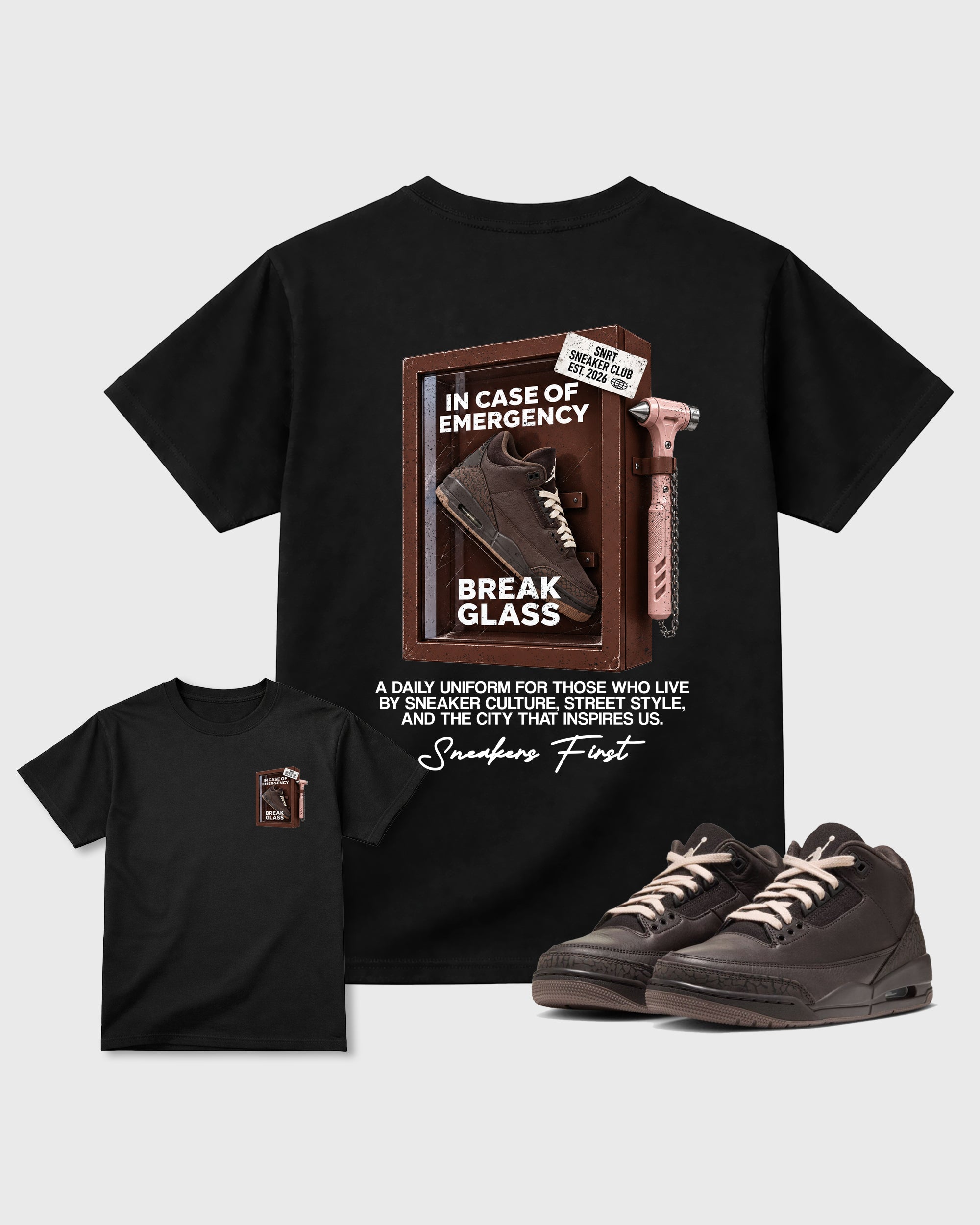 Break Glass Black Front & Back Graphic T-Shirt - 1, sneaker matching tee designed to match Air Jordan 3 Fireside sneakers for a coordinated sneaker outfit.
