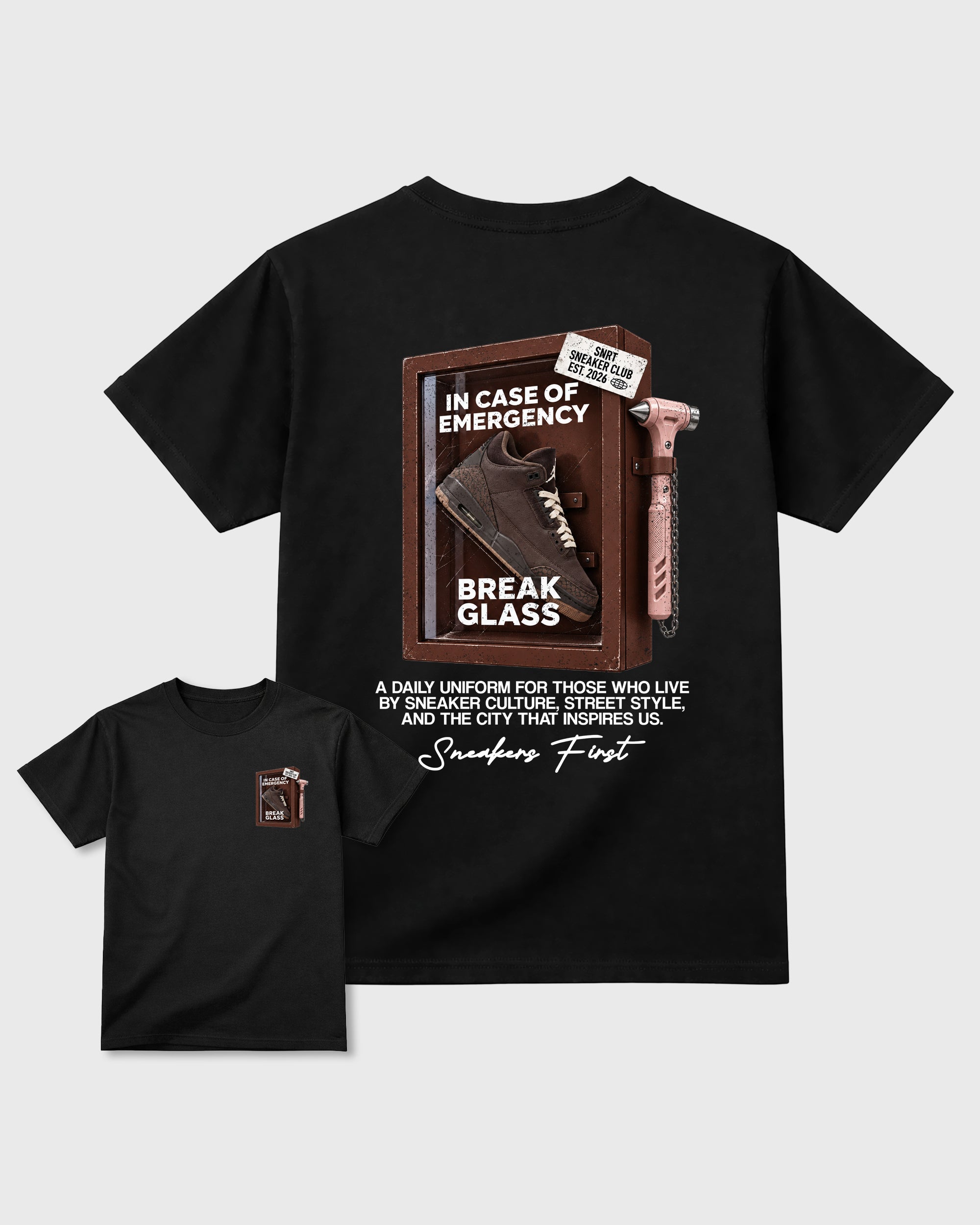 Break Glass Black Front & Back Graphic T-Shirt - 2, sneaker tee made to match Air Jordan 3 Fireside sneakers with original graphic artwork for a coordinated sneaker outfit.