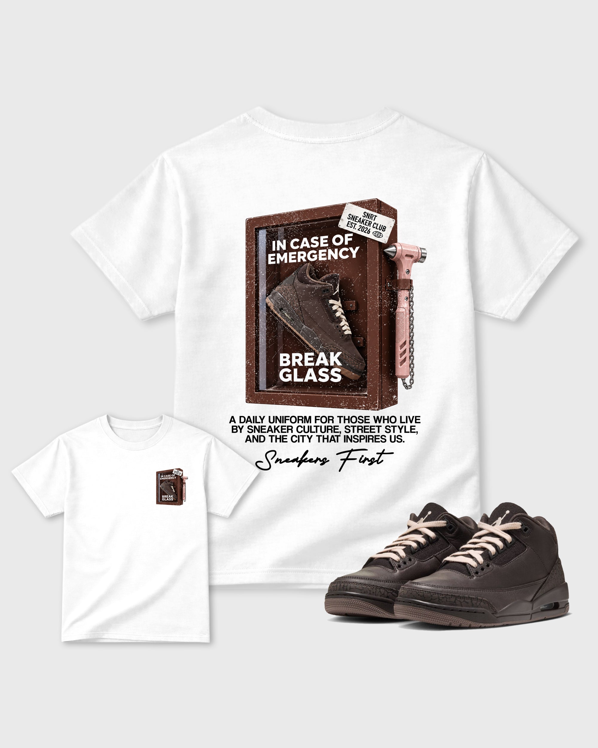 Break Glass White Front & Back Graphic T-Shirt - 1, sneaker matching tee designed to match Air Jordan 3 Fireside sneakers for a coordinated sneaker outfit.