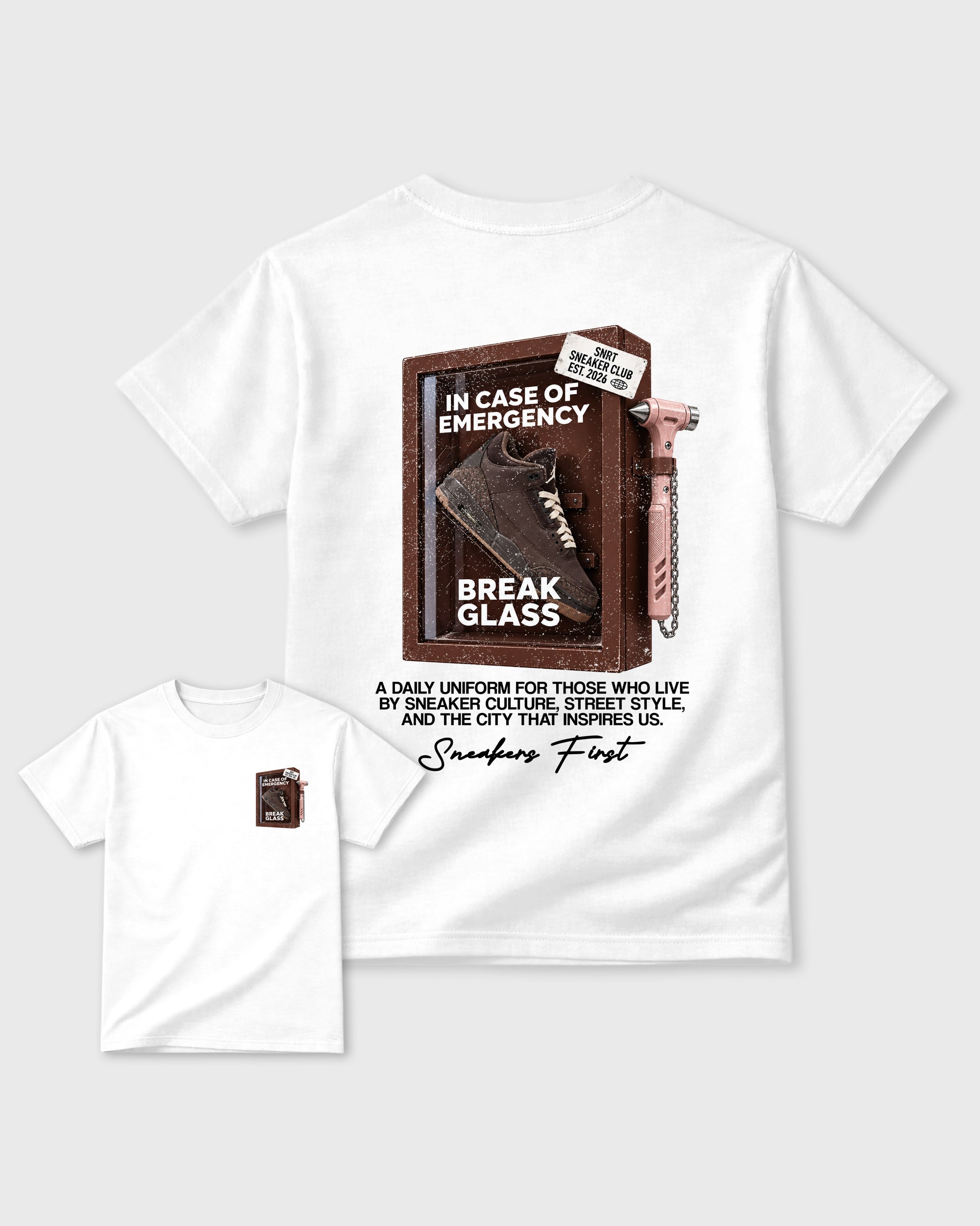Break Glass White Front & Back Graphic T-Shirt - 1, sneaker matching tee designed to match Air Jordan 3 Fireside sneakers for a coordinated sneaker outfit.