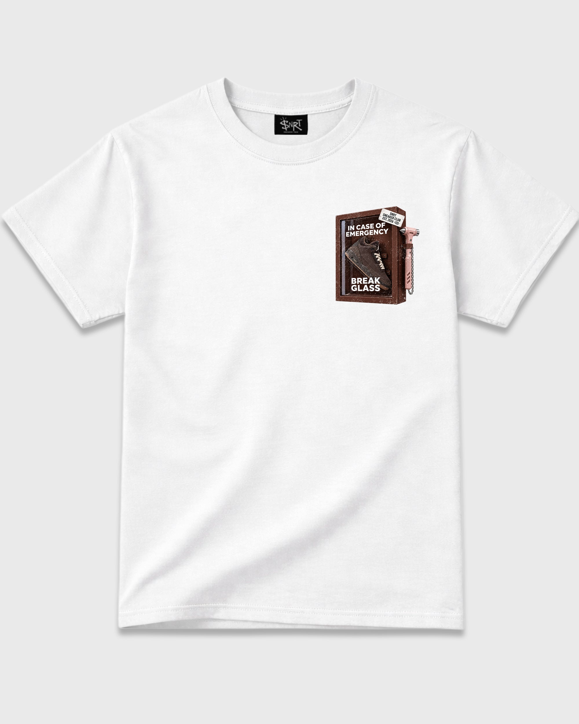 Break Glass White Front & Back Graphic T-Shirt - 2, sneaker tee made to match Air Jordan 3 Fireside sneakers with original graphic artwork for a coordinated sneaker outfit.