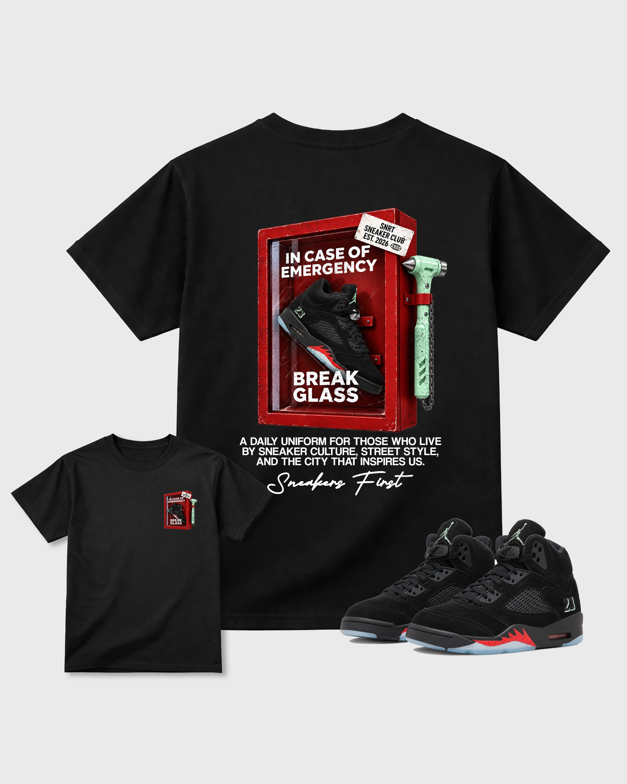 Break Glass Black Front & Back Graphic T-Shirt - 1, sneaker matching tee designed to match Air Jordan 5 Retro Halloween sneakers for a coordinated sneaker outfit.