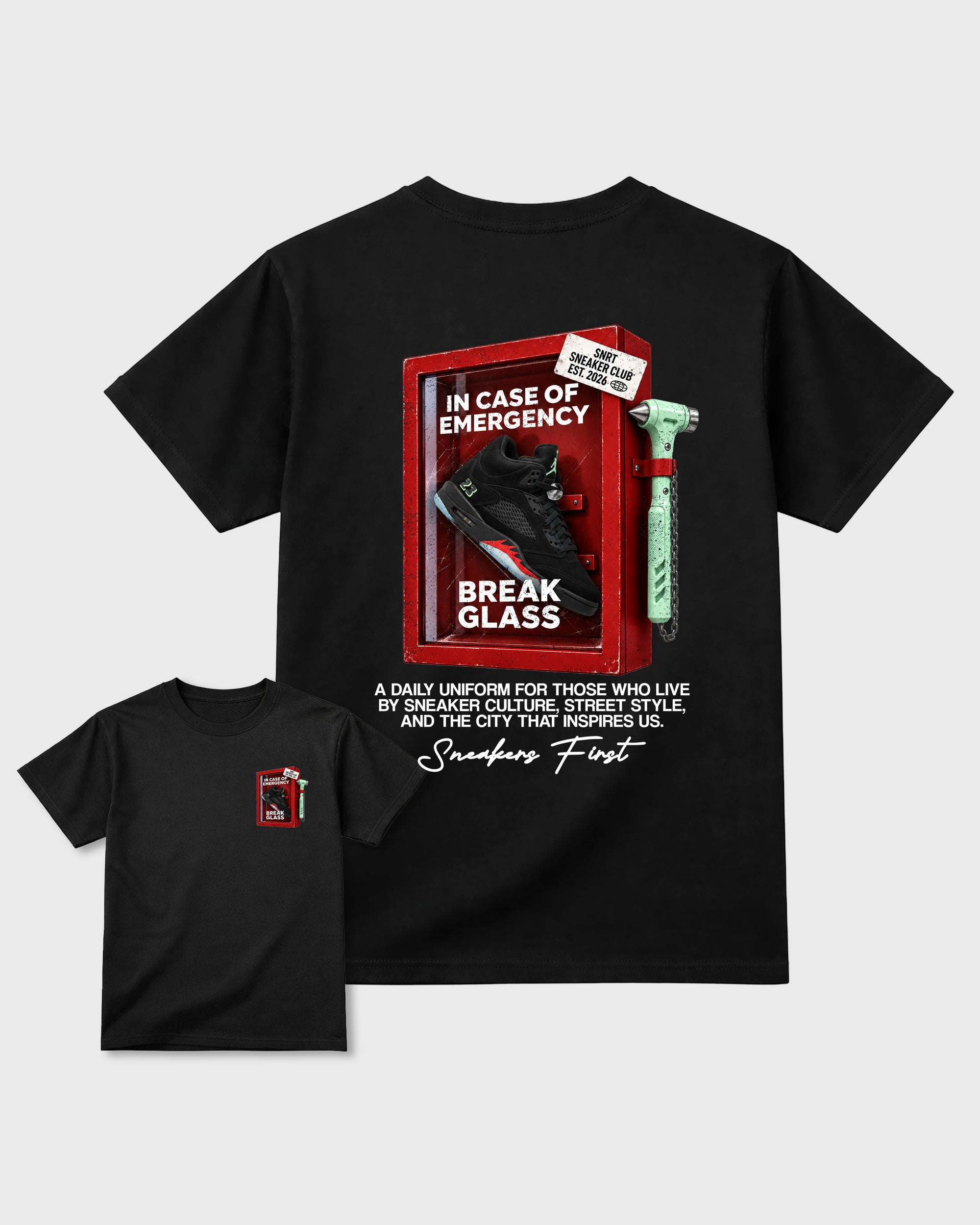 Break Glass Black Front & Back Graphic T-Shirt - 3, sneaker matching shirt designed to pair with Air Jordan 5 Retro Halloween sneakers for a coordinated streetwear outfit.
