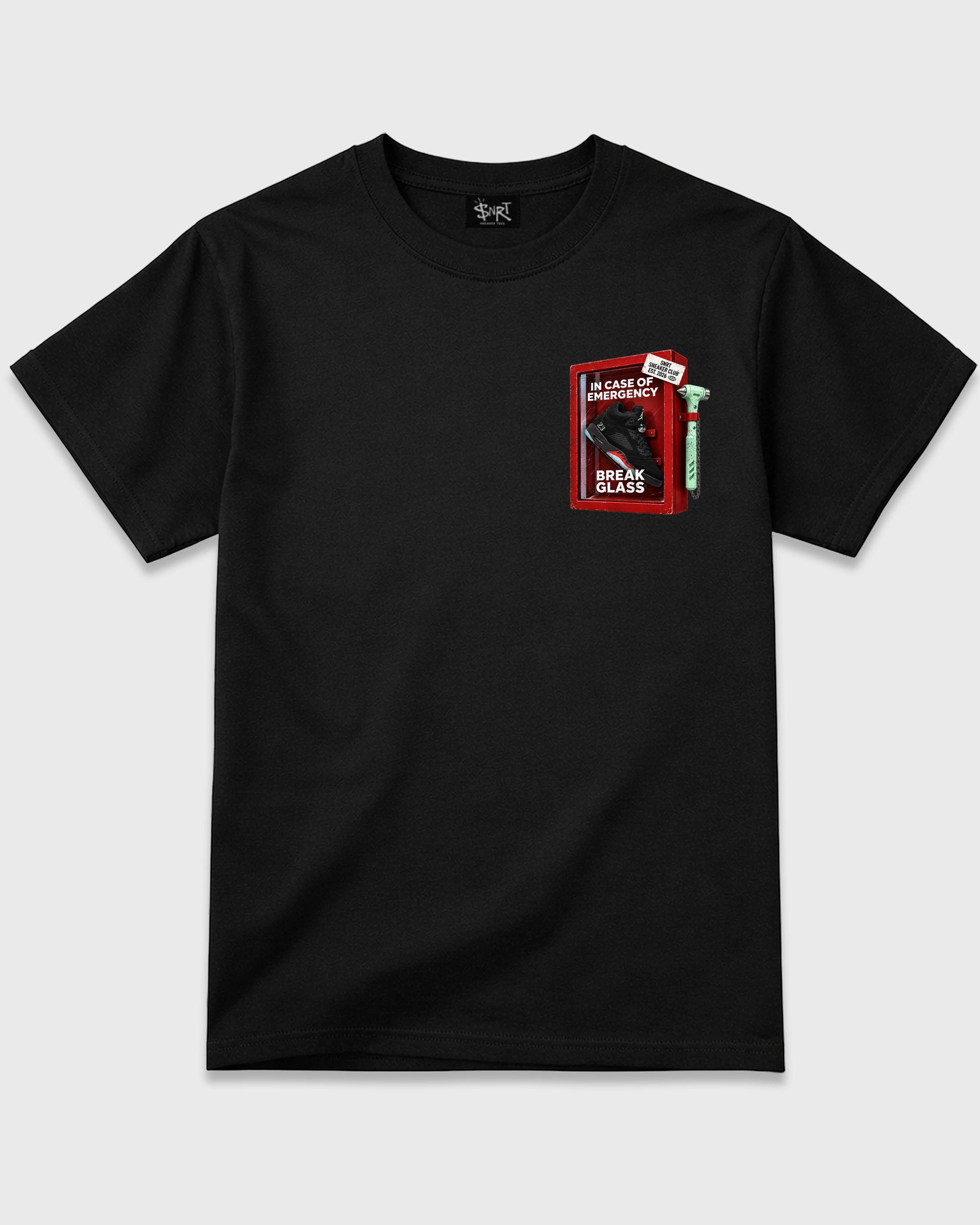 Break Glass Black Front & Back Graphic T-Shirt - 3, sneaker matching shirt designed to pair with Air Jordan 5 Retro Halloween sneakers for a coordinated streetwear outfit.