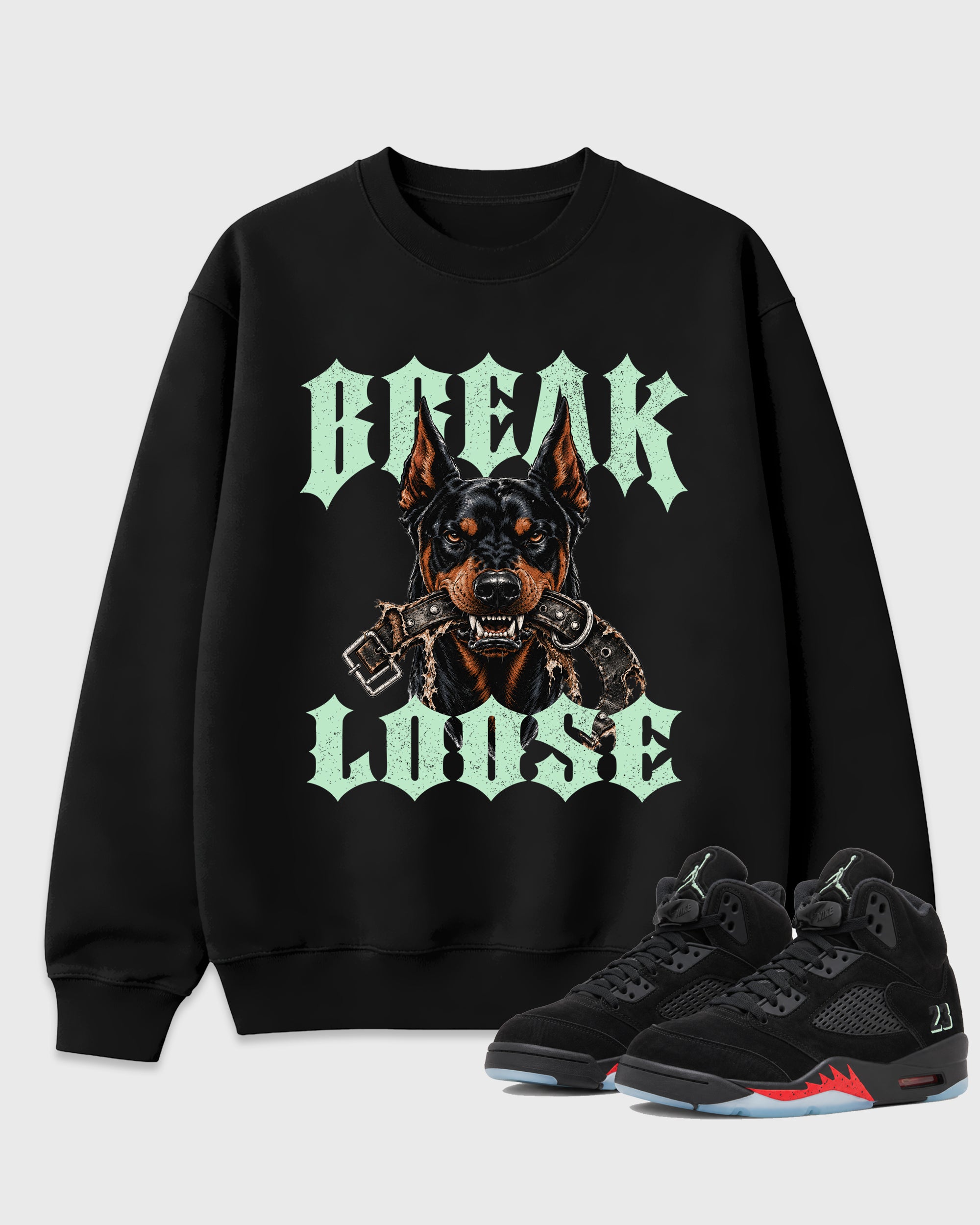 Break Loose Graphic T-Shirt featuring original streetwear artwork designed to match the Air Jordan 5 Halloween. Black 1 Graphic Tee.