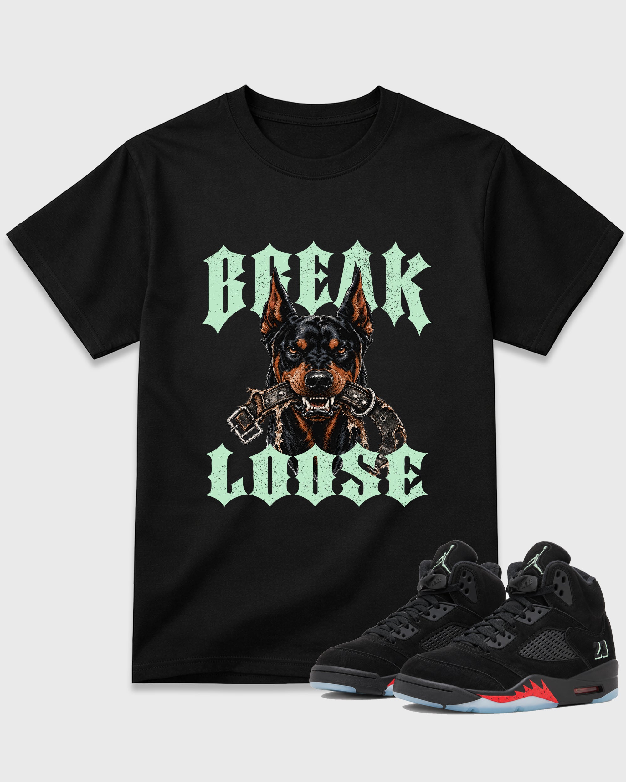 Break Loose Graphic T-Shirt featuring original streetwear artwork designed to match the Air Jordan 5 Halloween. Black 1 Graphic T-Shirt.