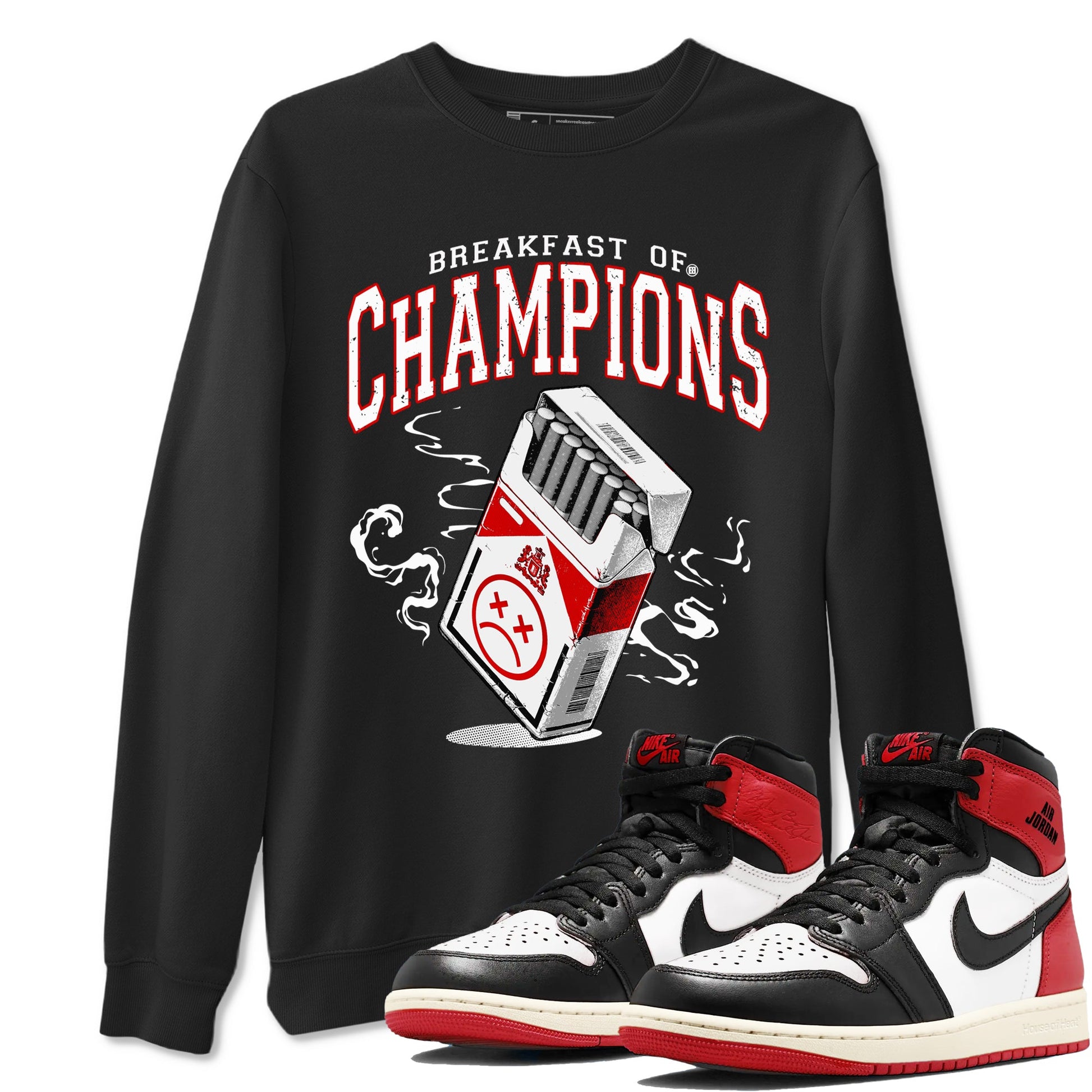 1s Black Toe Reimagined shirts to match jordans Breakfast Of Champions best t shirts to wear with jordans AJ1 High OG Black Toe Reimagined match shoes to clothes SNRT Sneaker Tees unisex cotton Black 1 shirts