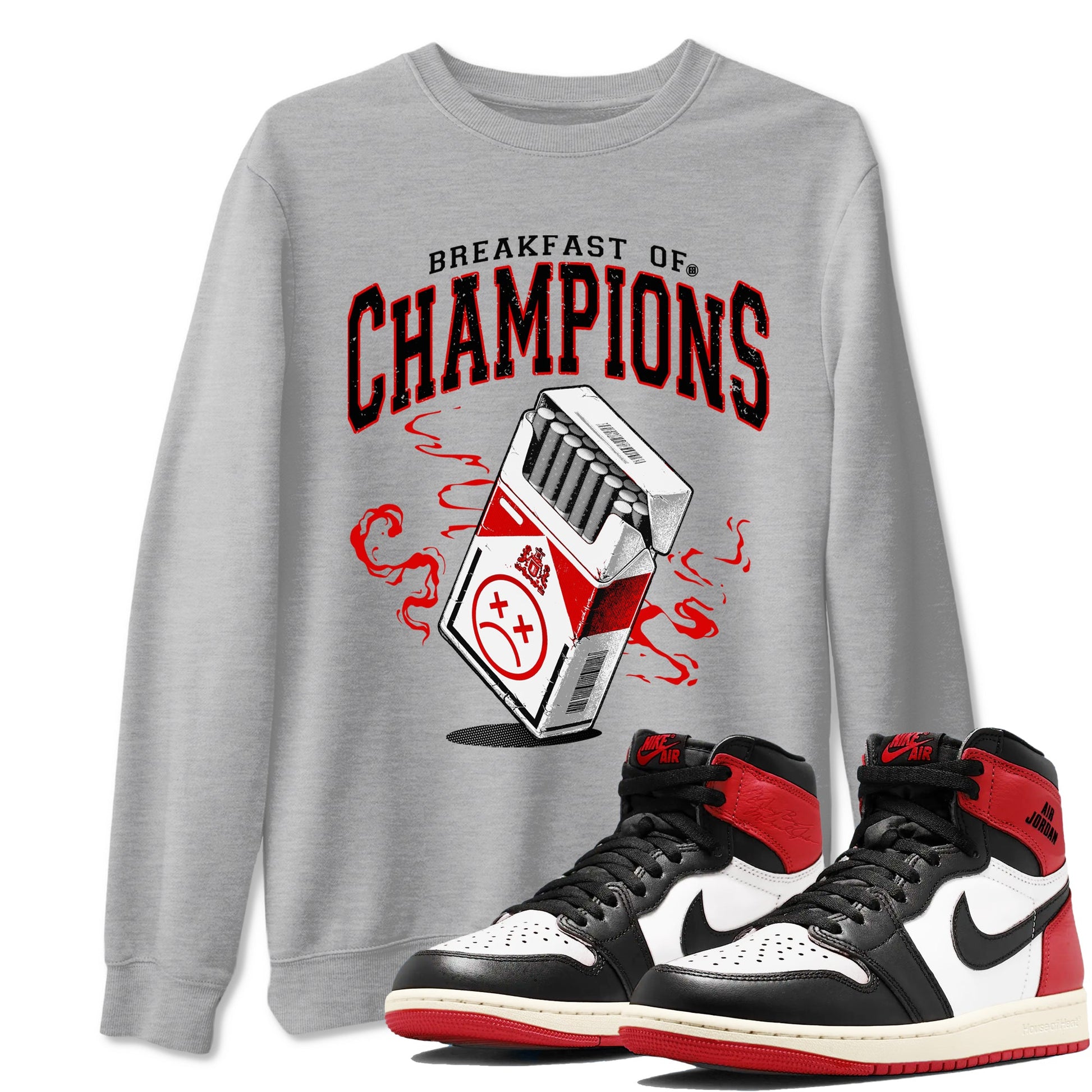 1s Black Toe Reimagined shirts to match jordans Breakfast Of Champions best t shirts to wear with jordans AJ1 High OG Black Toe Reimagined match shoes to clothes SNRT Sneaker Tees unisex cotton Heather Grey 1 shirts