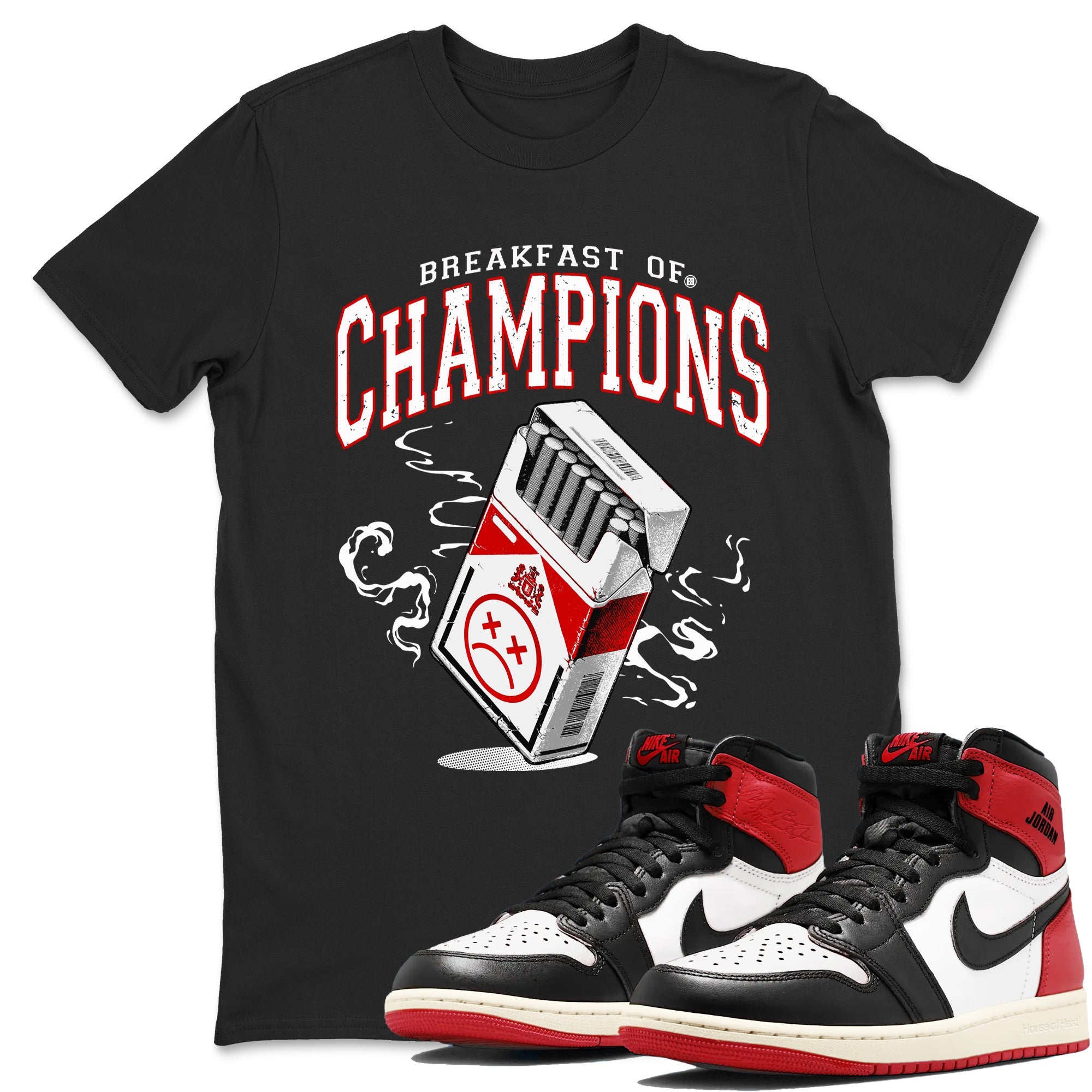 1s Black Toe Reimagined shirts to match jordans Breakfast Of Champions best t shirts to wear with jordans AJ1 High OG Black Toe Reimagined match shoes to clothes SNRT Sneaker Tees unisex cotton Black 1 shirts