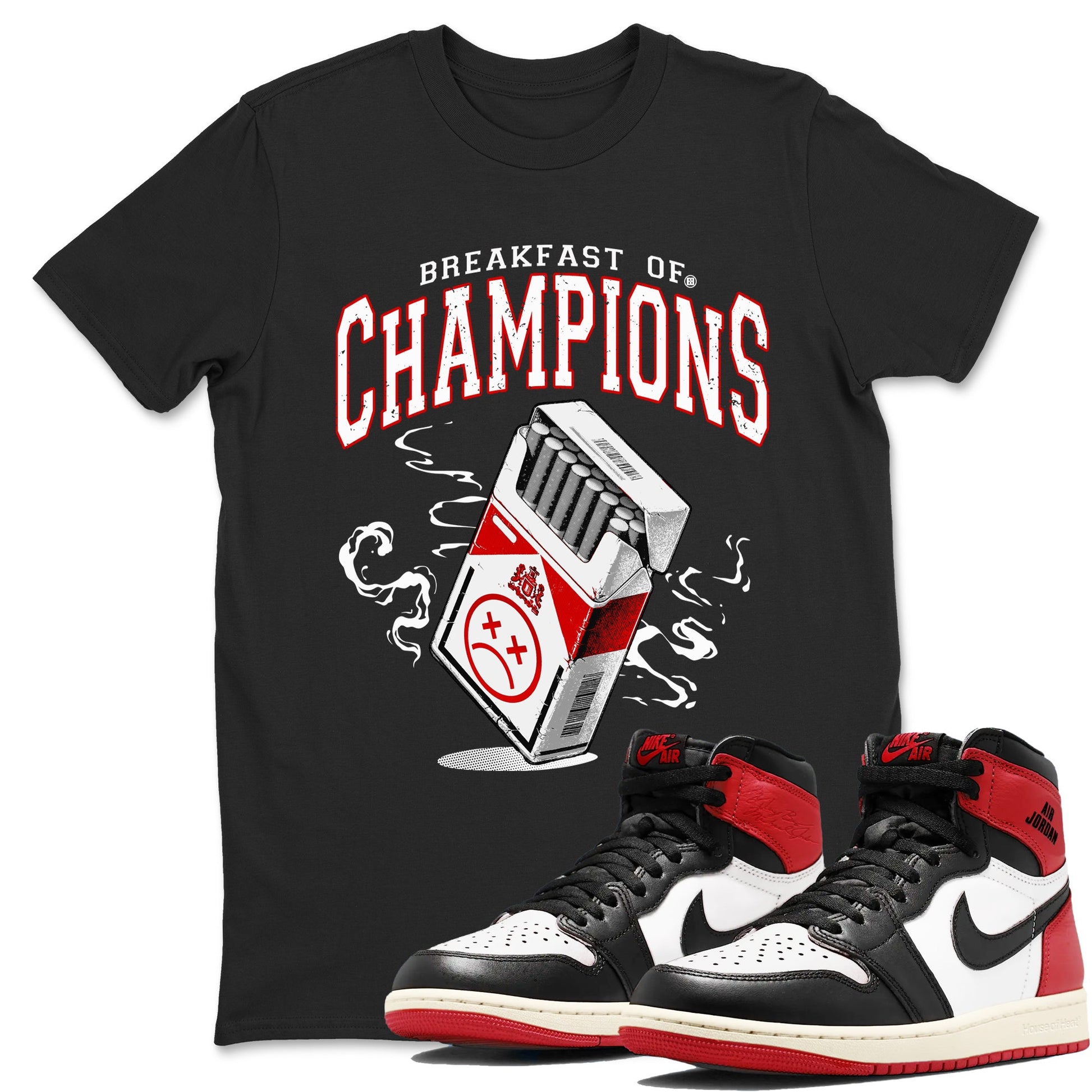 1s Black Toe Reimagined shirts to match jordans Breakfast Of Champions best t shirts to wear with jordans AJ1 High OG Black Toe Reimagined match shoes to clothes SNRT Sneaker Tees unisex cotton Black 1 shirts