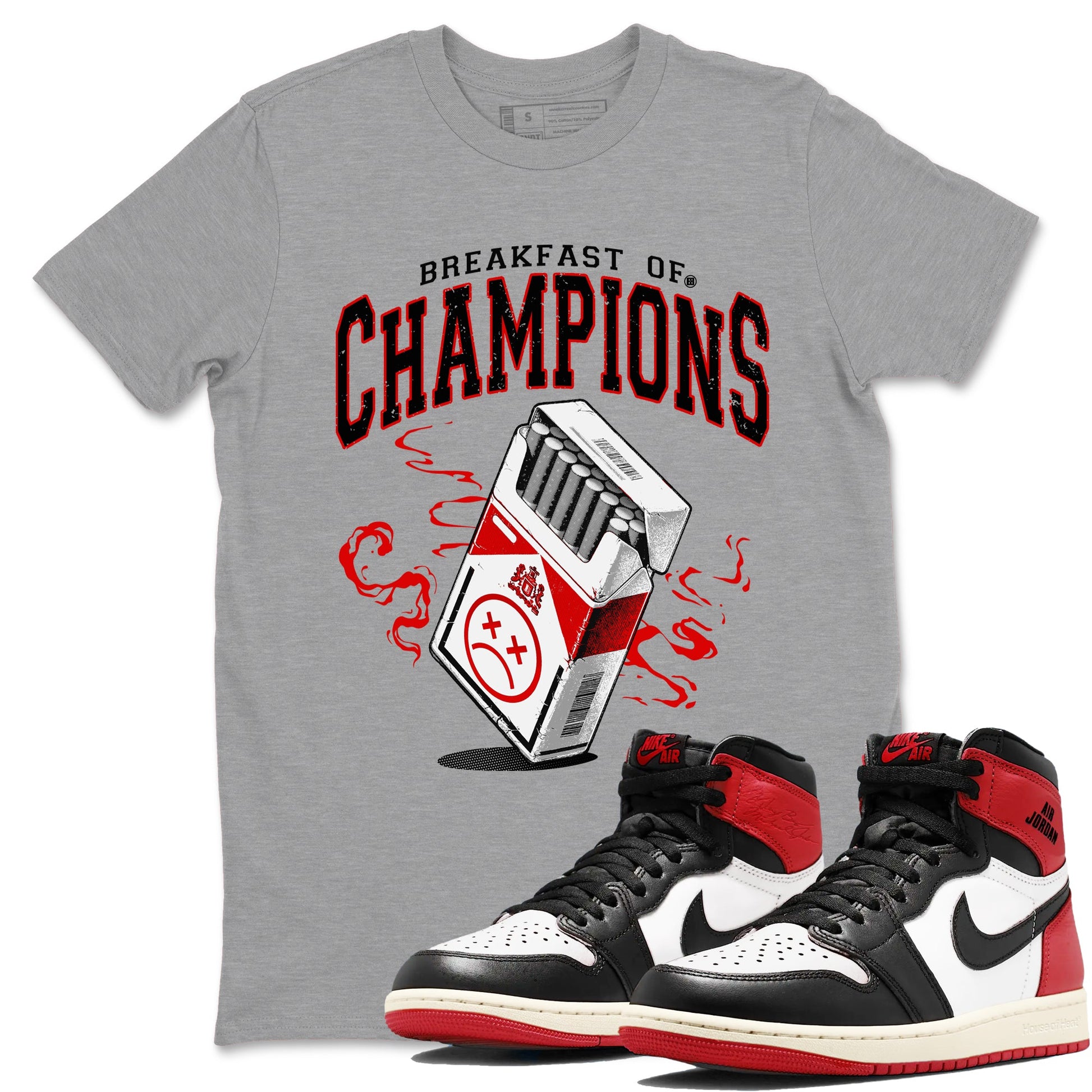 1s Black Toe Reimagined shirts to match jordans Breakfast Of Champions best t shirts to wear with jordans AJ1 High OG Black Toe Reimagined match shoes to clothes SNRT Sneaker Tees unisex cotton Heather Grey 1 shirts