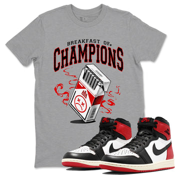 1s Black Toe Reimagined shirts to match jordans Breakfast Of Champions best t shirts to wear with jordans AJ1 High OG Black Toe Reimagined match shoes to clothes SNRT Sneaker Tees unisex cotton Heather Grey 1 shirts