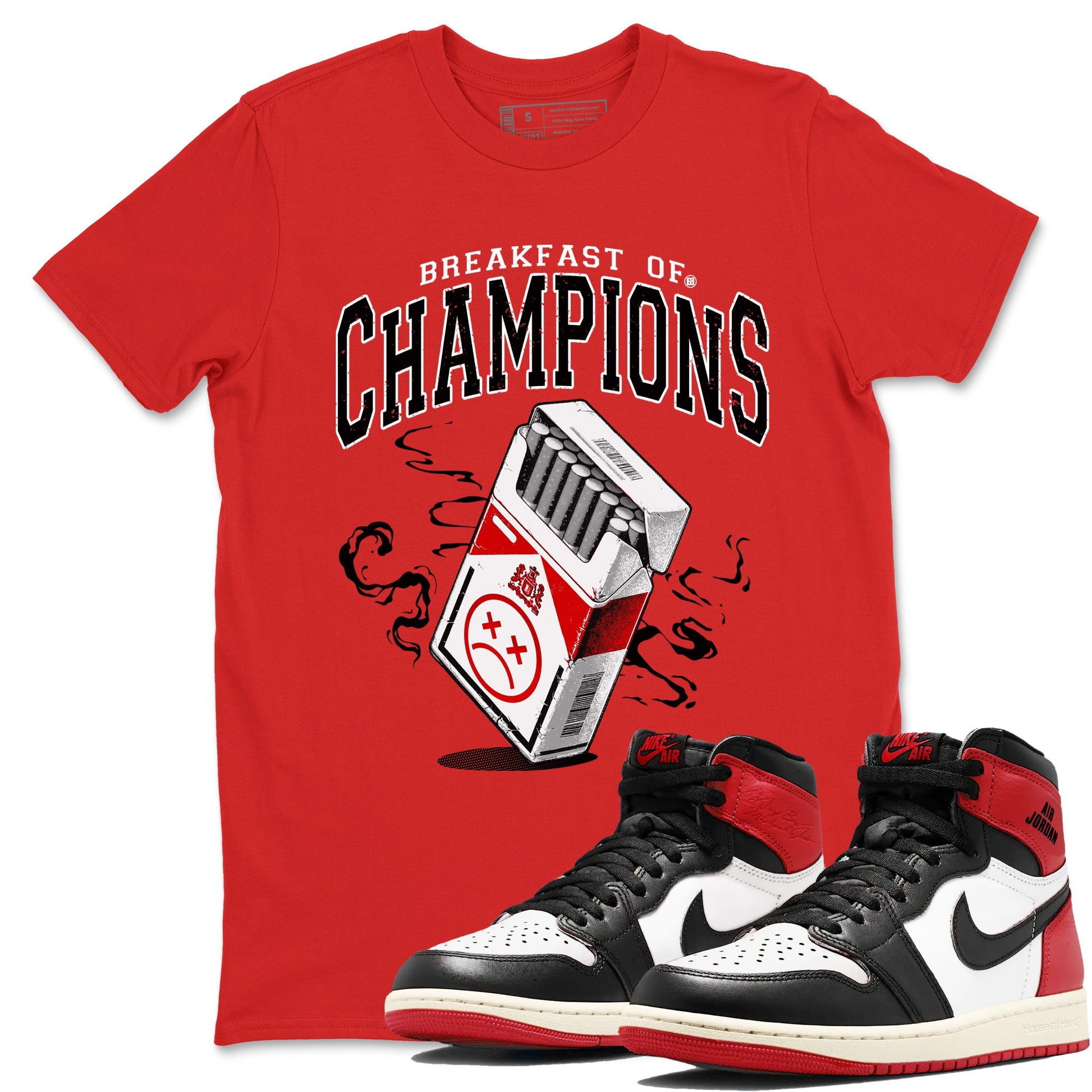 1s Black Toe Reimagined shirts to match jordans Breakfast Of Champions best t shirts to wear with jordans AJ1 High OG Black Toe Reimagined match shoes to clothes SNRT Sneaker Tees unisex cotton Red 1 shirts