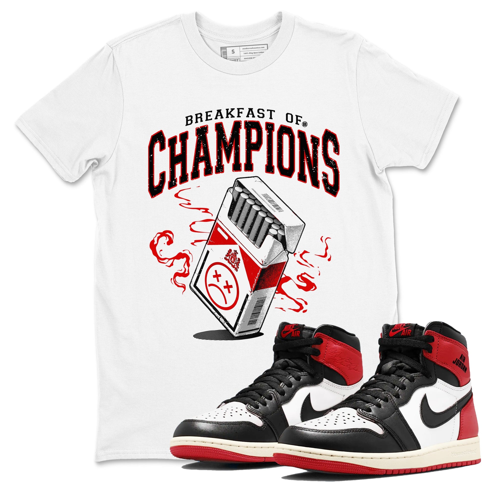 1s Black Toe Reimagined shirts to match jordans Breakfast Of Champions best t shirts to wear with jordans AJ1 High OG Black Toe Reimagined match shoes to clothes SNRT Sneaker Tees unisex cotton White 1 shirts