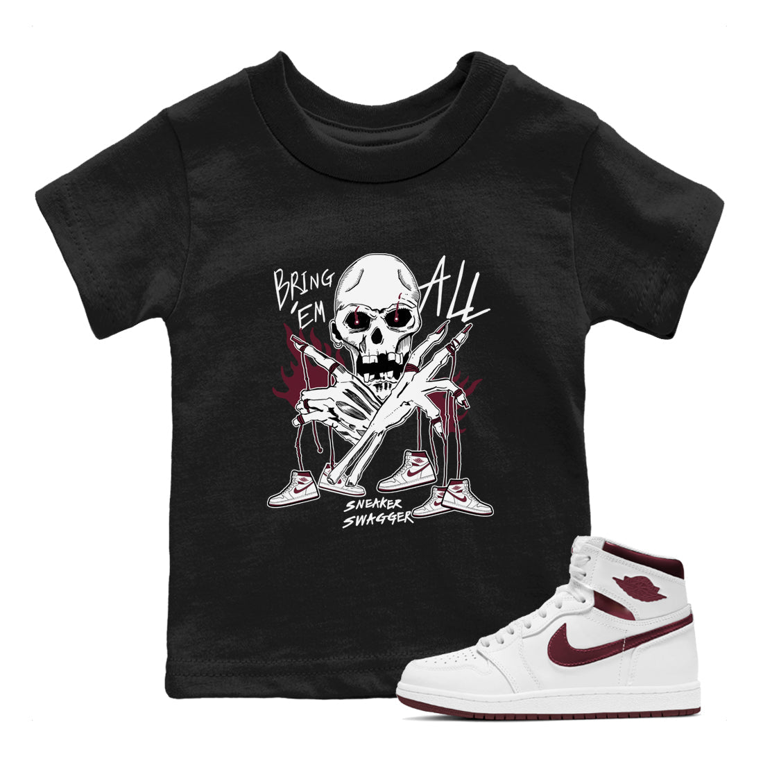 AJ1 Metallic Burgundy shirts to match jordans Bring 'Em All unique Halloween sneaker tee Air Jordan 1 Metallic Burgundy SNRT Sneaker Tees streetwear brand Baby and Youth Black 1 cotton tee
