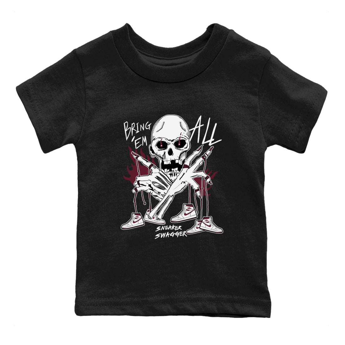 AJ1 Metallic Burgundy shirts to match jordans Bring 'Em All unique Halloween sneaker tee Air Jordan 1 Metallic Burgundy SNRT Sneaker Tees streetwear brand Baby and Youth Black 2 cotton tee