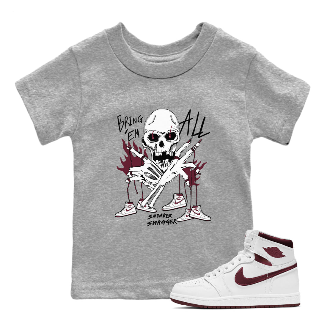 AJ1 Metallic Burgundy shirts to match jordans Bring 'Em All unique Halloween sneaker tee Air Jordan 1 Metallic Burgundy SNRT Sneaker Tees streetwear brand Baby and Youth Heather Grey 1 cotton tee