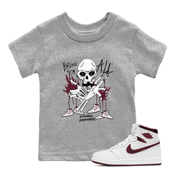 AJ1 Metallic Burgundy shirts to match jordans Bring 'Em All unique Halloween sneaker tee Air Jordan 1 Metallic Burgundy SNRT Sneaker Tees streetwear brand Baby and Youth Heather Grey 1 cotton tee