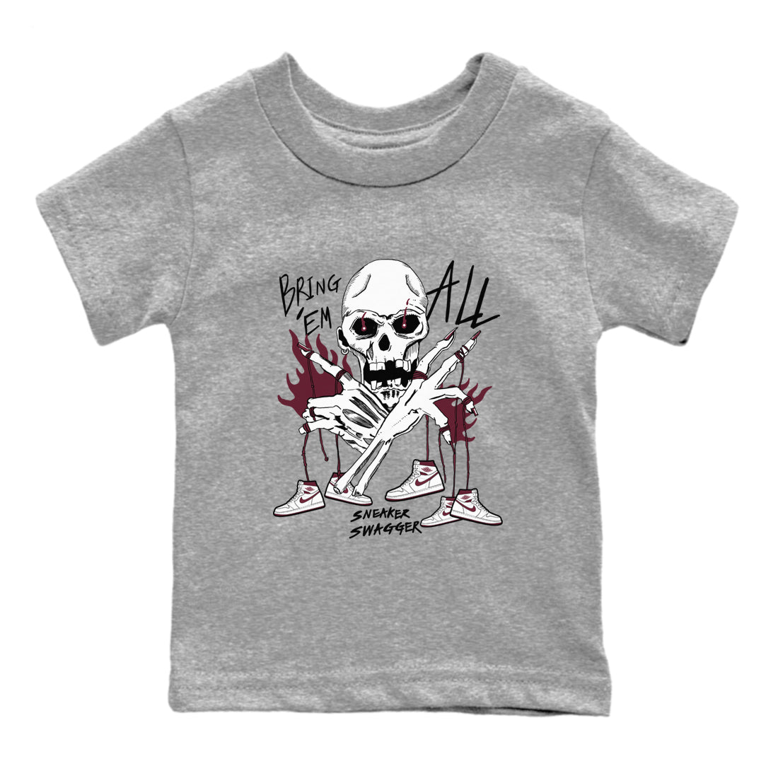 AJ1 Metallic Burgundy shirts to match jordans Bring 'Em All unique Halloween sneaker tee Air Jordan 1 Metallic Burgundy SNRT Sneaker Tees streetwear brand Baby and Youth Heather Grey 2 cotton tee