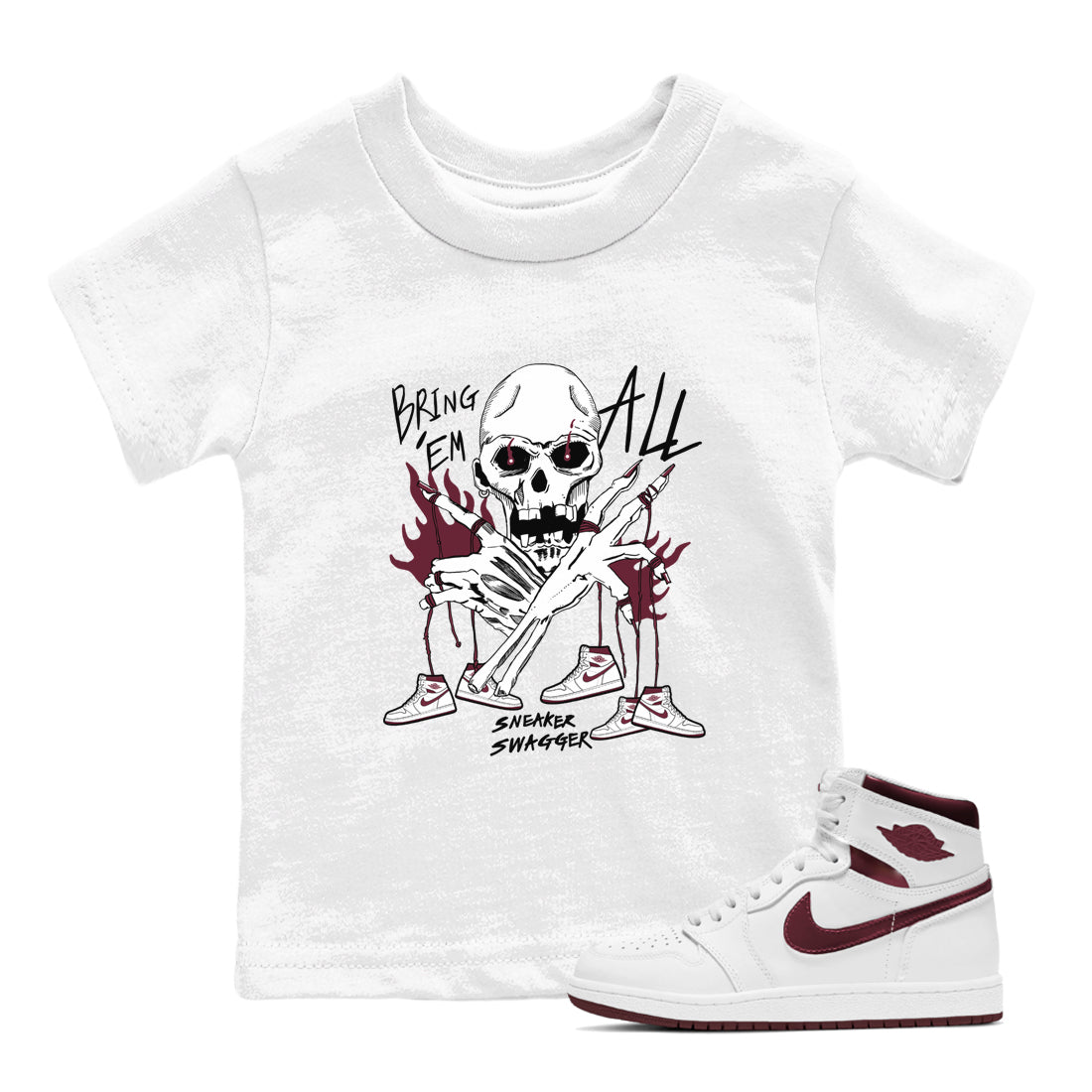 AJ1 Metallic Burgundy shirts to match jordans Bring 'Em All unique Halloween sneaker tee Air Jordan 1 Metallic Burgundy SNRT Sneaker Tees streetwear brand Baby and Youth White 1 cotton tee